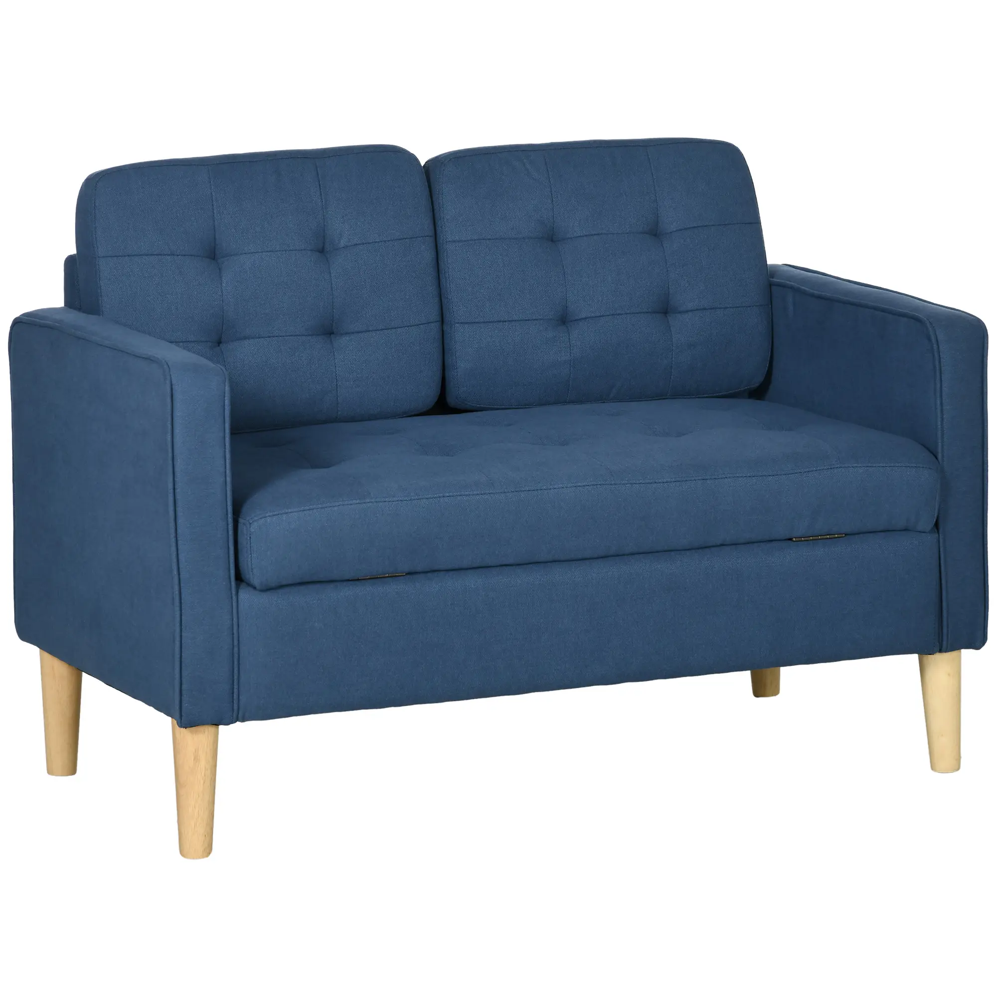 Modern Loveseat Sofa, Compact 2 Seater Sofa With Hidden Storage, 117cm Tufted Cotton Couch With Wood Legs, Blue