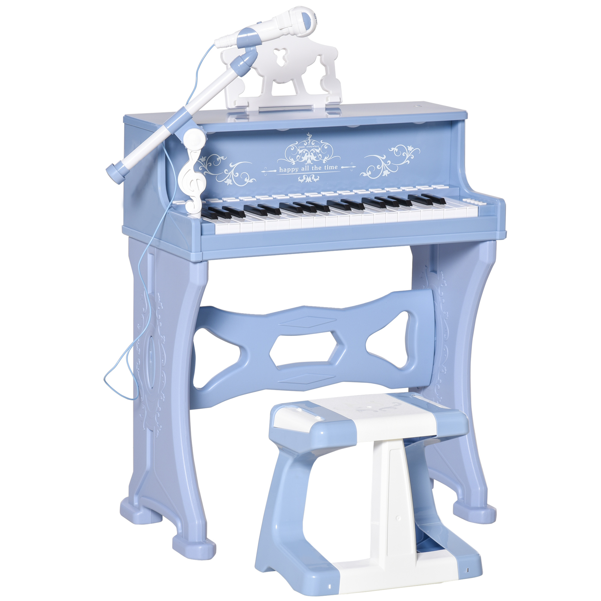 37 Keys Kids Piano Mini Electronic Keyboard Light Kids Musical Instrument Educational Game Children Grand Piano Toy Set W/Stool & Microphone & Music Stand (Blue)