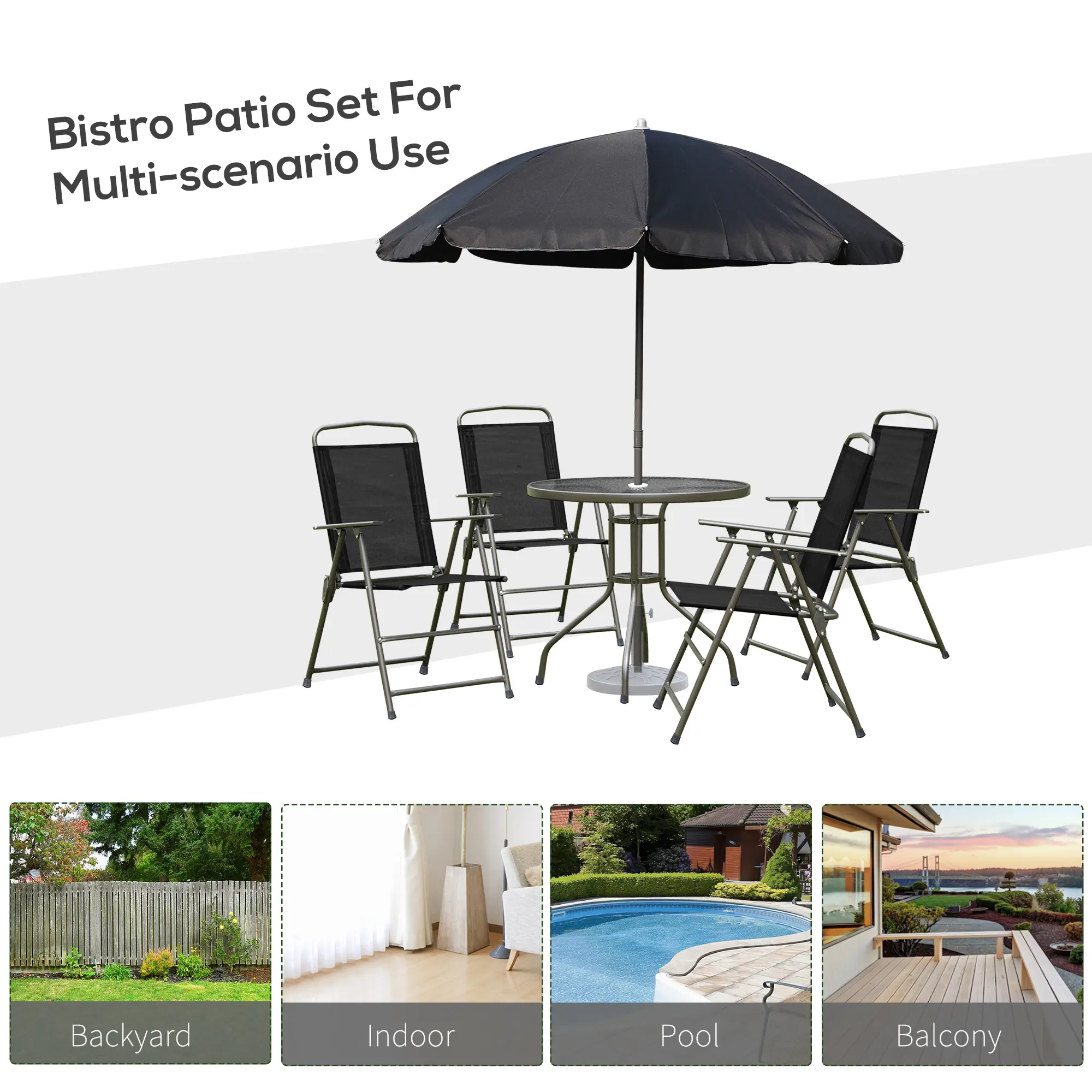 6 Piece Patio Dining Set for 4 with Umbrella, Outdoor Table and Chairs with 4 Folding Dining Chairs & Round Glass Table for Garden, Backyard and Poolside, Black
