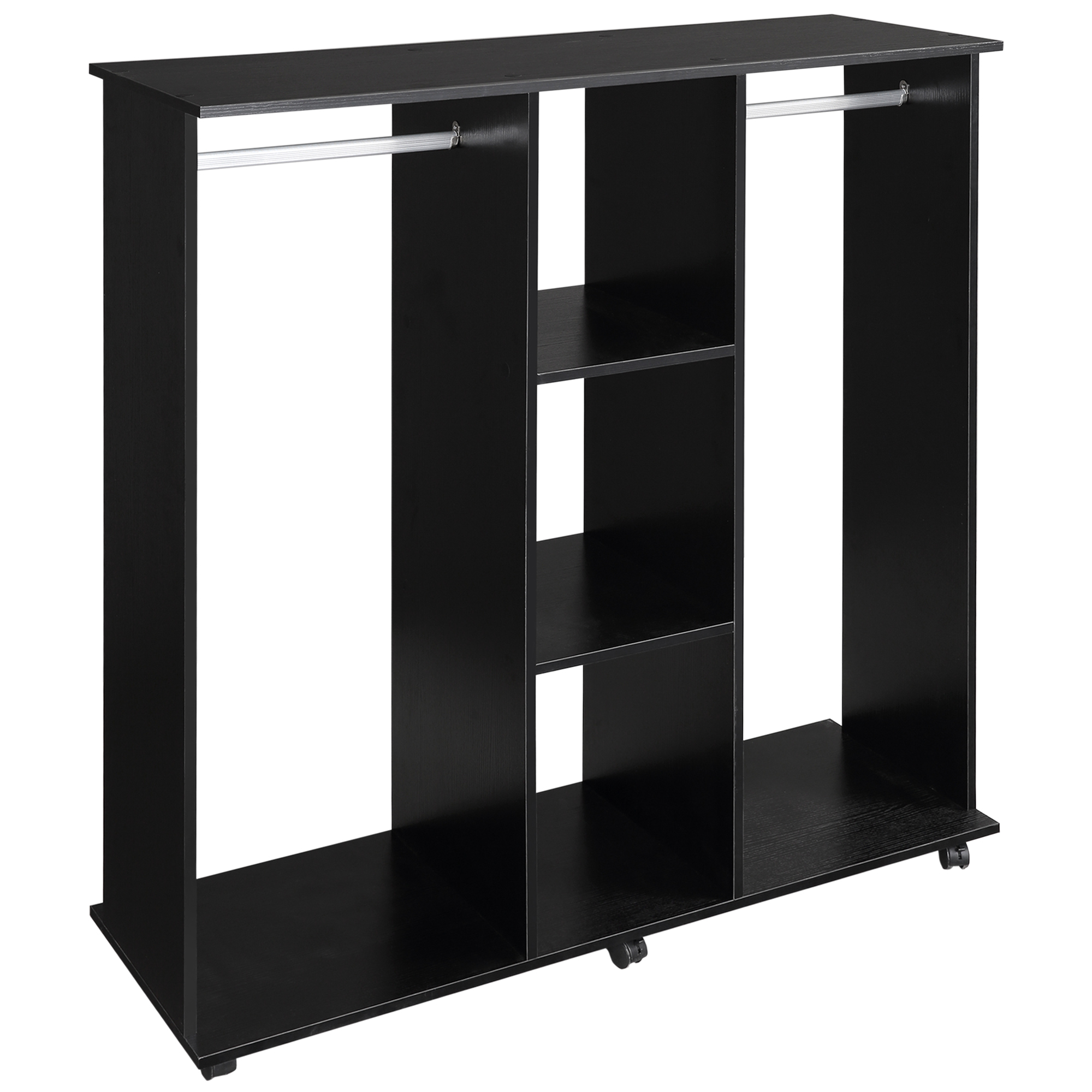 Tall black double-rail open wardrobe with two parallel hanging rails, three shelves and six lockable castors