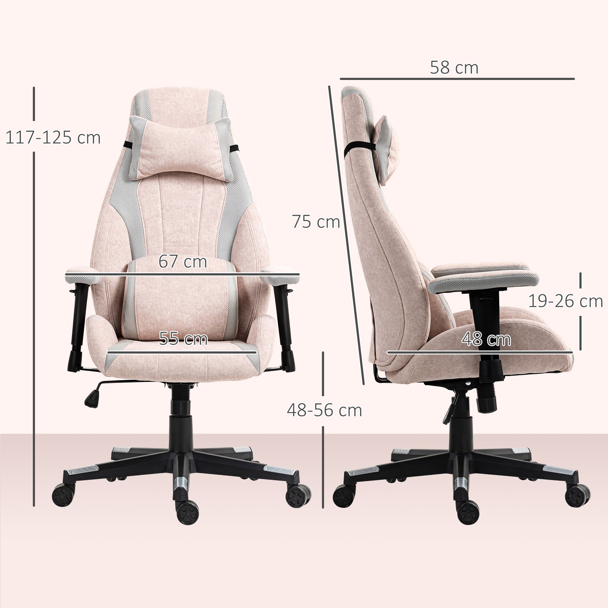Fabric Gaming Chair With Lumbar Support, Headrest - Pale Pink 2