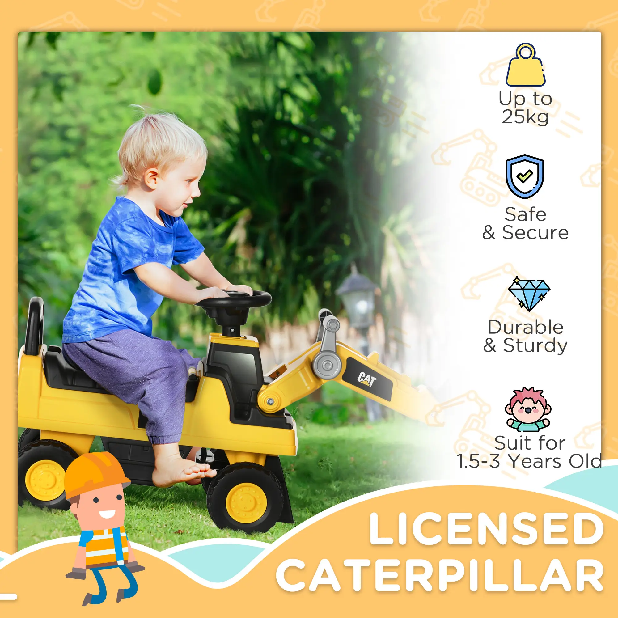 CAT Licensed Kids Construction Ride-On Toddler Digger Excavator Foot-To-Floor Ride-On Toy W/ Manual Shovel, Horn, Hidden Storage, For Ages 1.5-3 Years