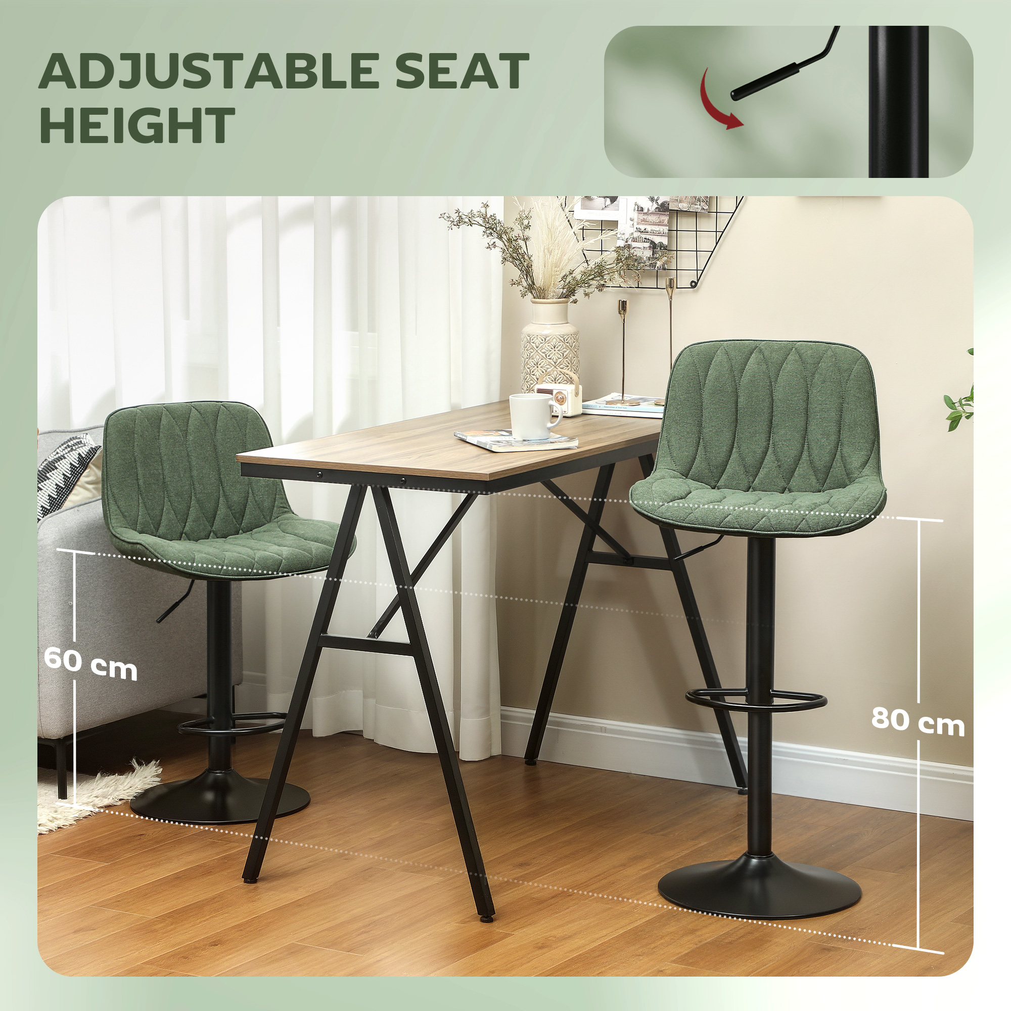 Breakfast Bar Stools Set Of 2 Linen Upholstery 60-80cm