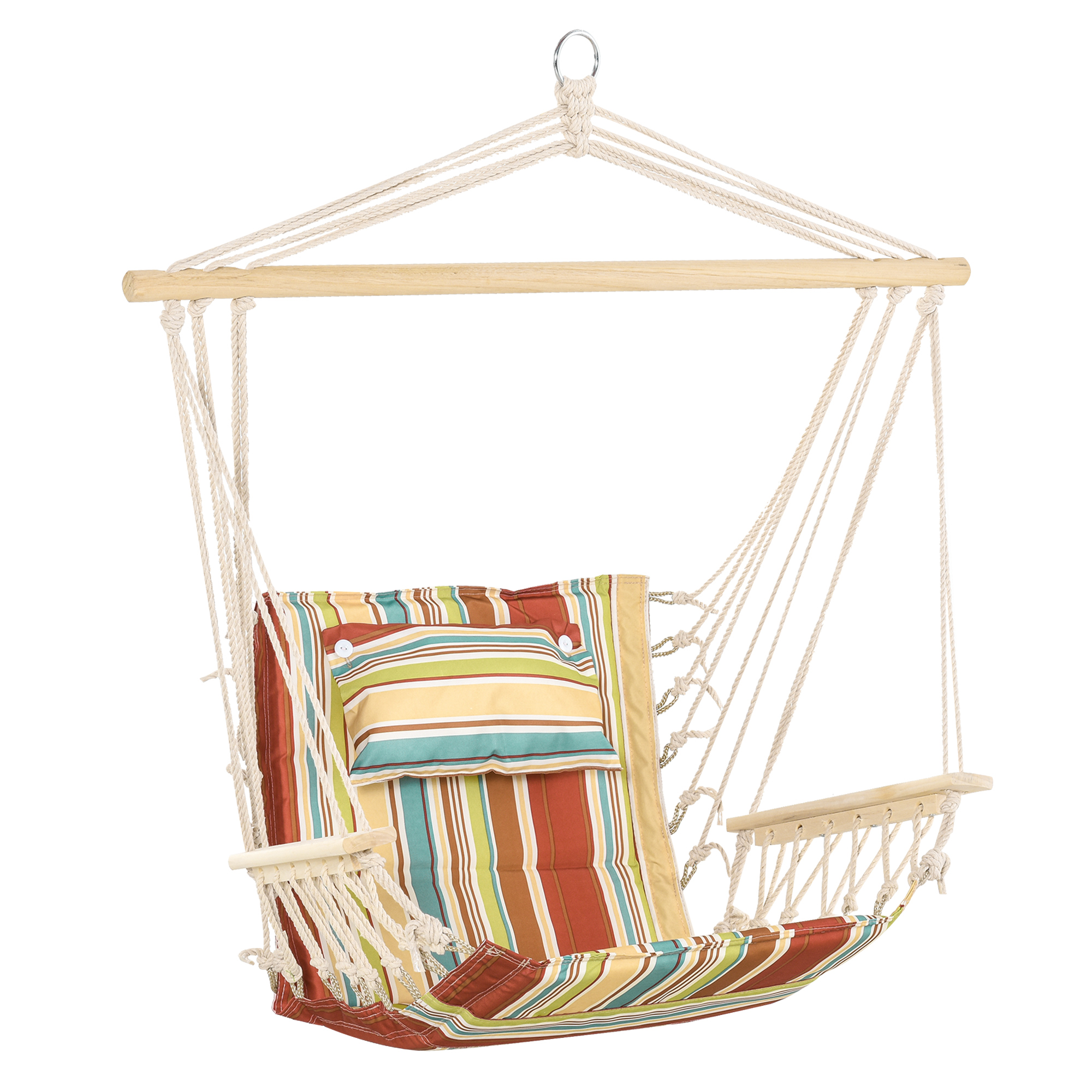 Striped padded hanging hammock chair with wooden spreader bar