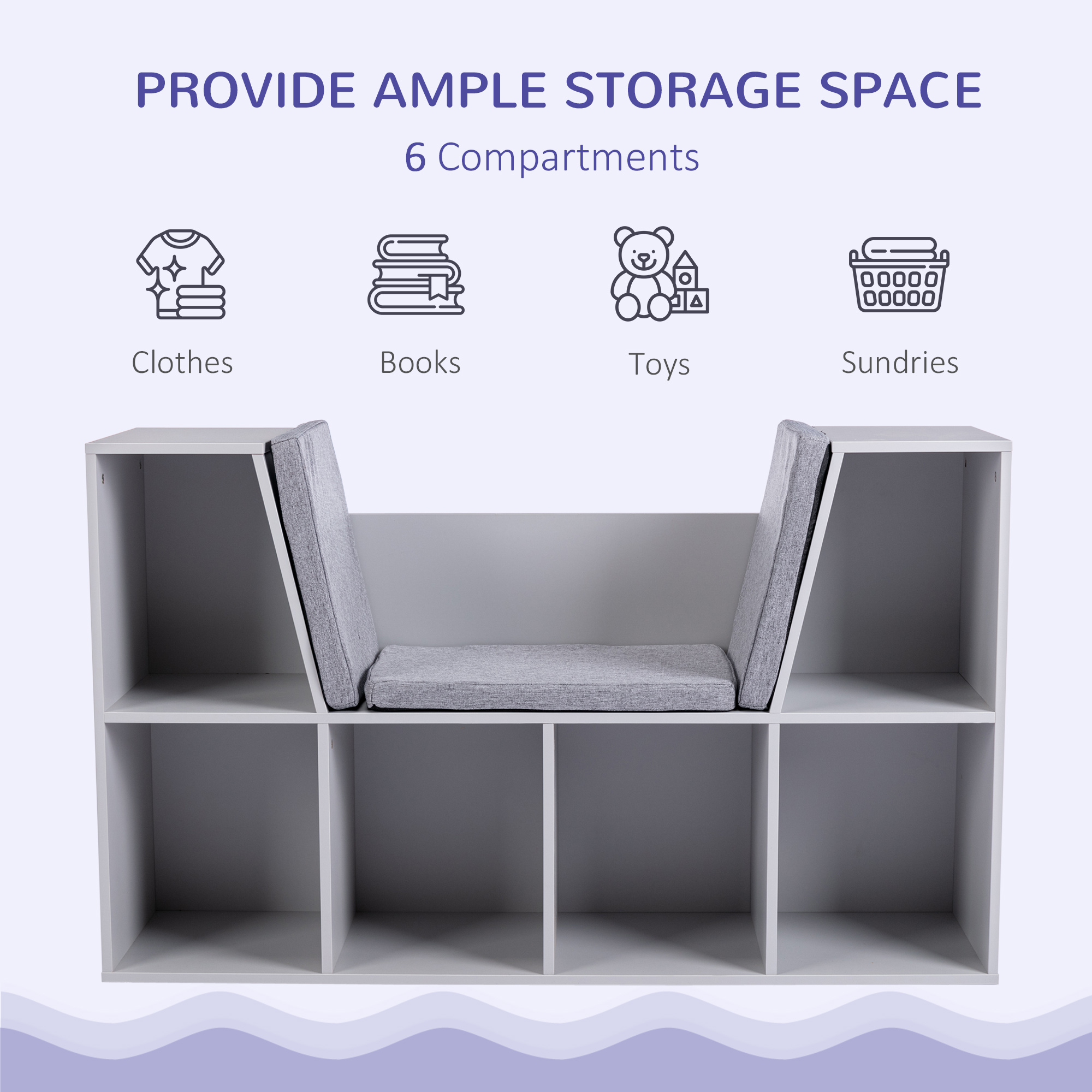 Kids Bookcase Shelf Storage Cabinet Unit, Living Room Sideboard W/ Six Compartments For Toys, Books - Grey