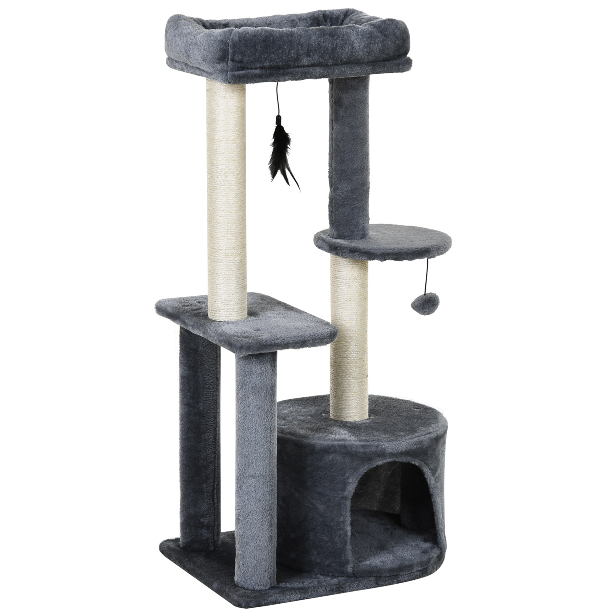 PawHut 100cm Cat Tree For Indoor Cats, Cat Tower Condo For Kittens With Cat House Sisal Scratching Posts, Hanging Ball Toys, Perches - Grey - Image 1