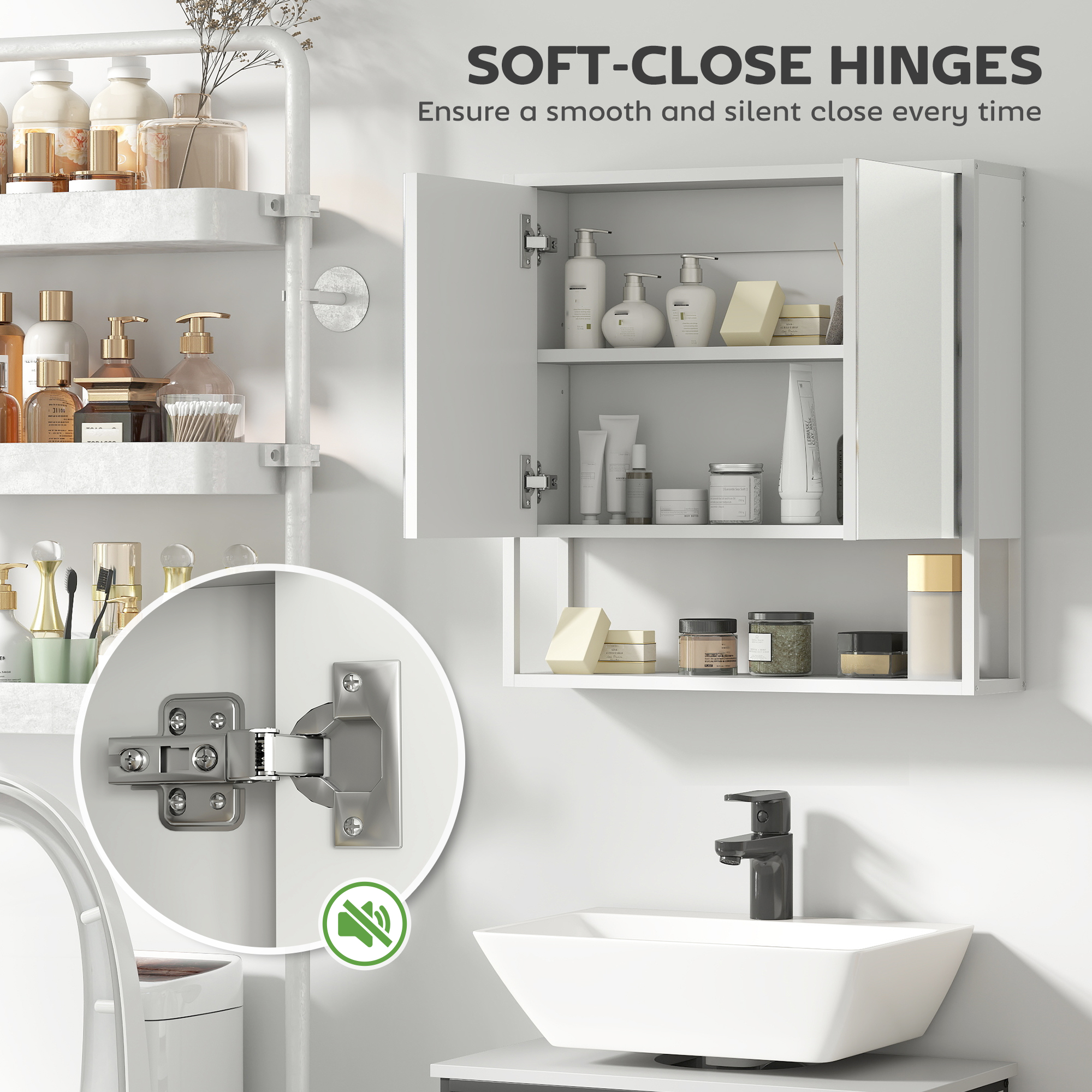 Bathroom mirror cabinet with soft-close doors