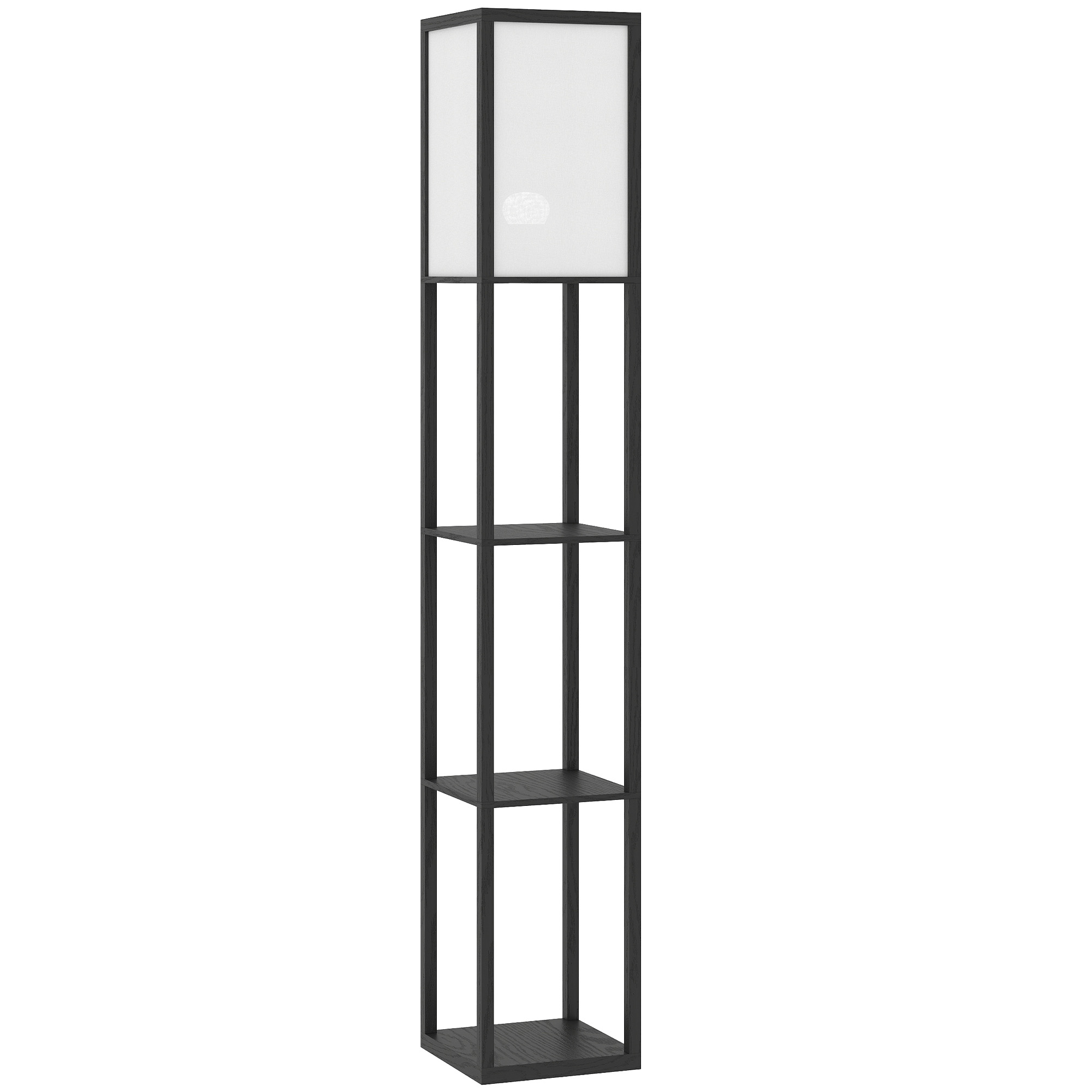 Black floor lamp with three open display shelves and soft white shade