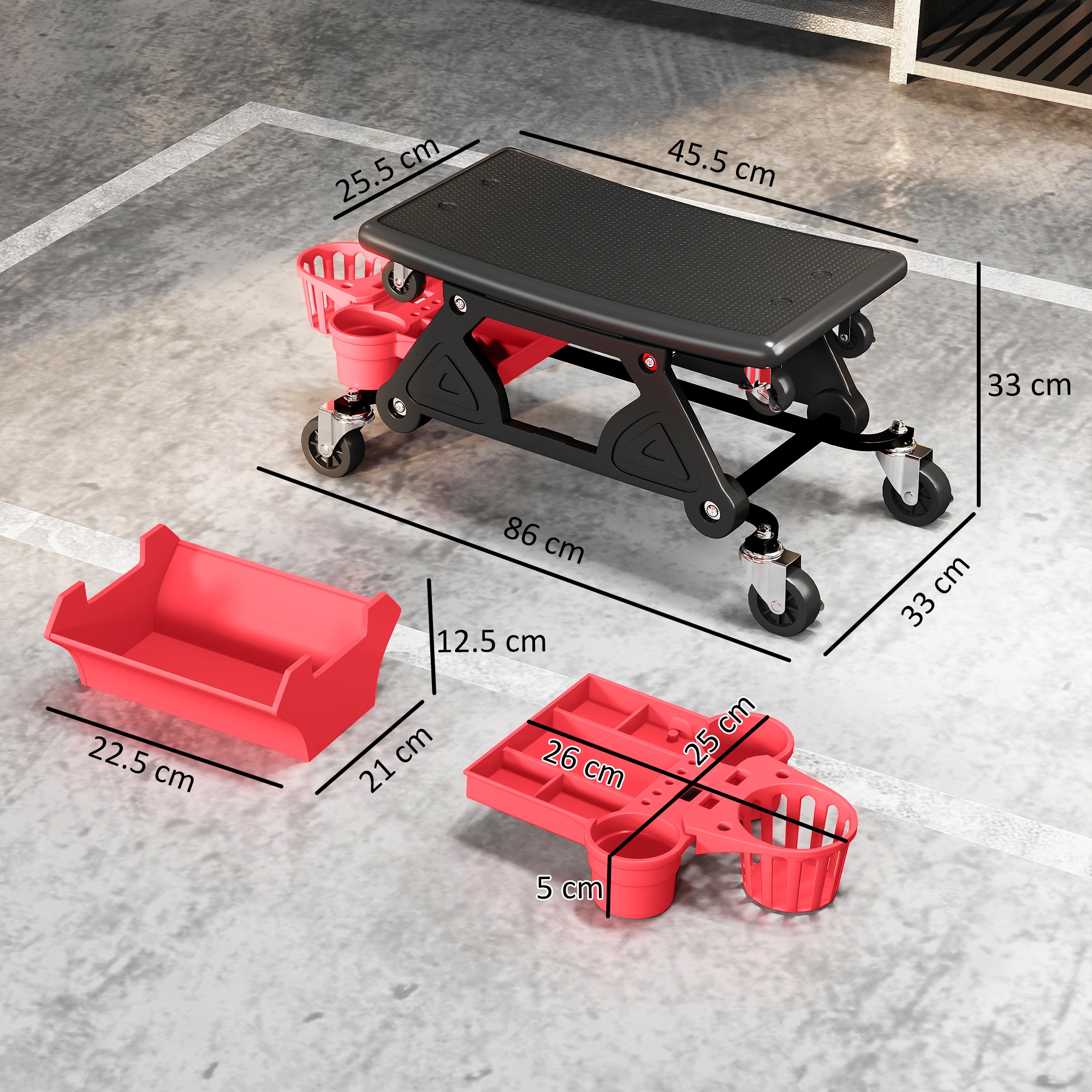 Rolling Mechanic Stool, 135kg Capacity Workshop Stool With 360° Swivel Wheels, Roller Creeper Seat With Slide Out Tool Trays, Drawer, Bottle Holders For Garage, Shop, Auto Repair, Red