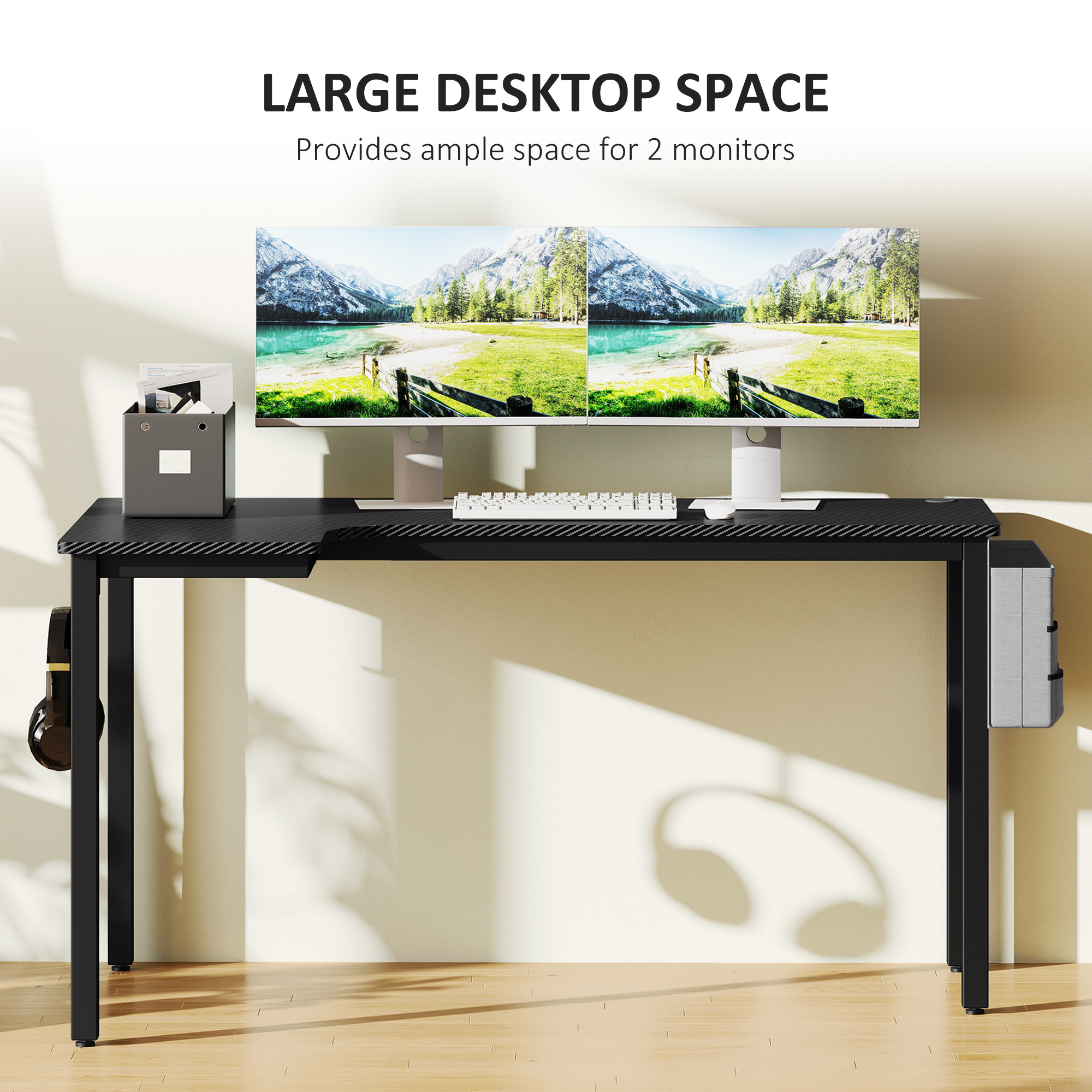 L-Shaped Computer Gaming Desk With Fabric Bag, Hooks And Cable Management, 145 X 81 X 76cm - Black 5