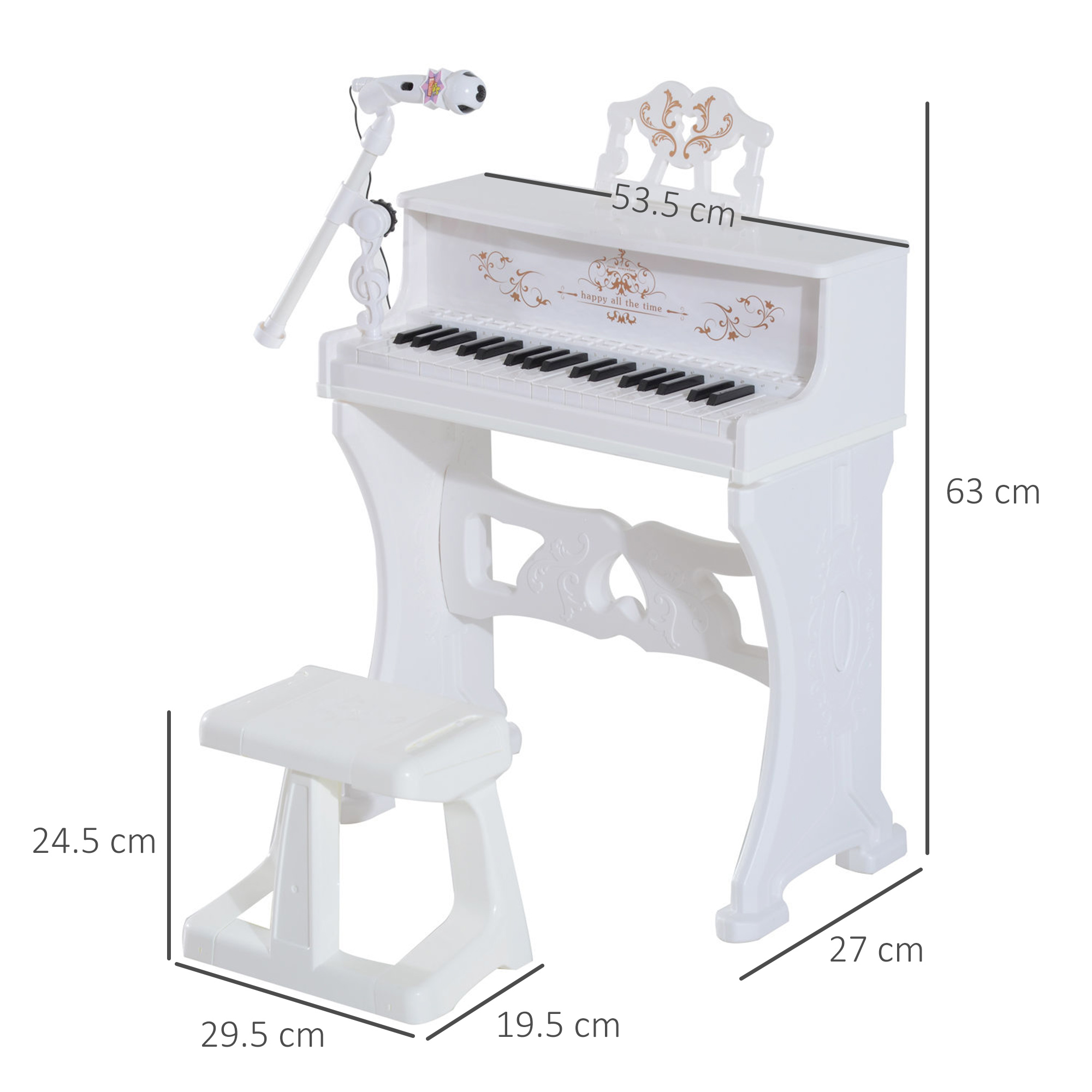 37 Keys Kids Piano Mini Electronic Keyboard Light Kids Musical Instrument Educational Game Children Grand Piano Toy Set W/Stool & Microphone & Music Stand (White)