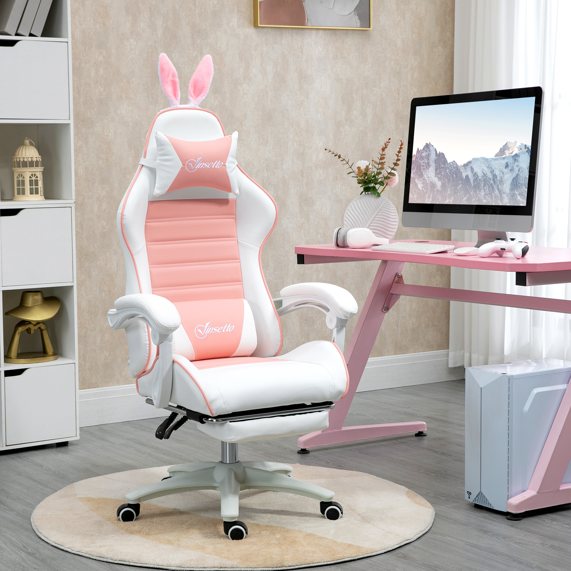 Vinsetto Racing Gaming Chair, Reclining PU Leather Computer Chair With Removable Rabbit Ears, Footrest, Headrest And Lumber Support, Pink 2