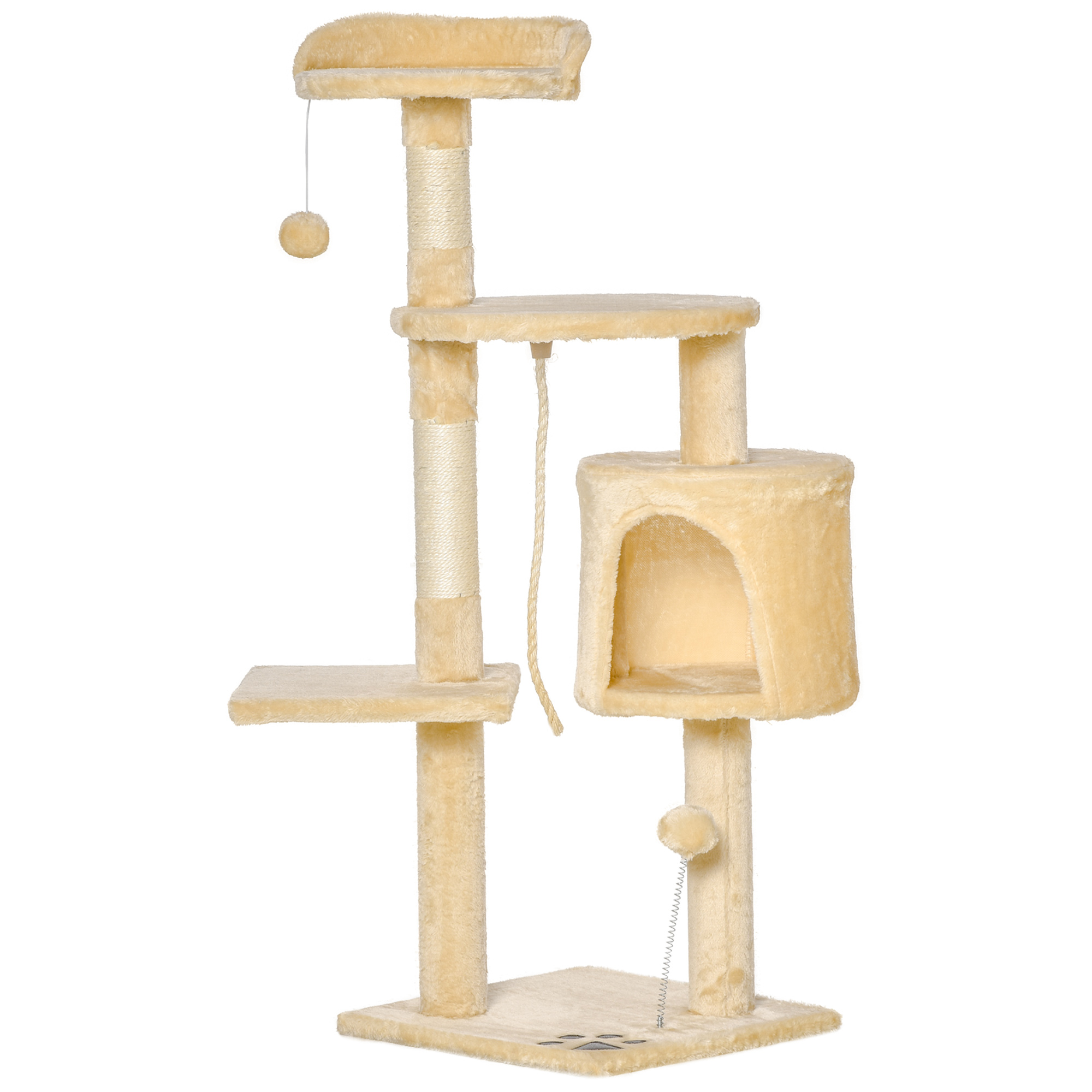 PawHut Cat Tree For Indoor Cats Pet Activity Centre Kitty Condo Climbing Scratching Post With Toys 4-tier 114cm Tall Beige - Image 1