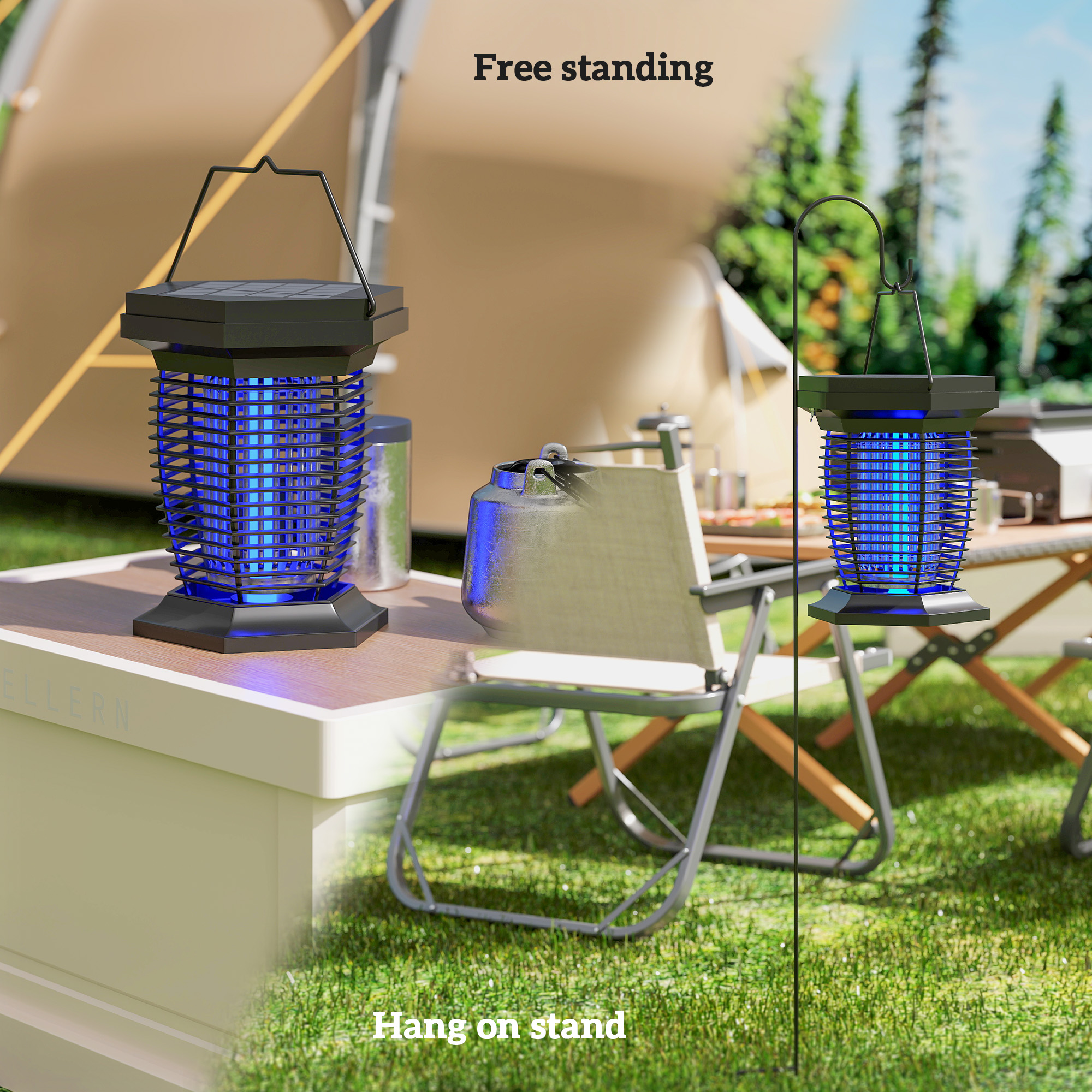SoilCommander 2-in-1 solar bug zapper and garden lantern on a metal stake in a garden setting
