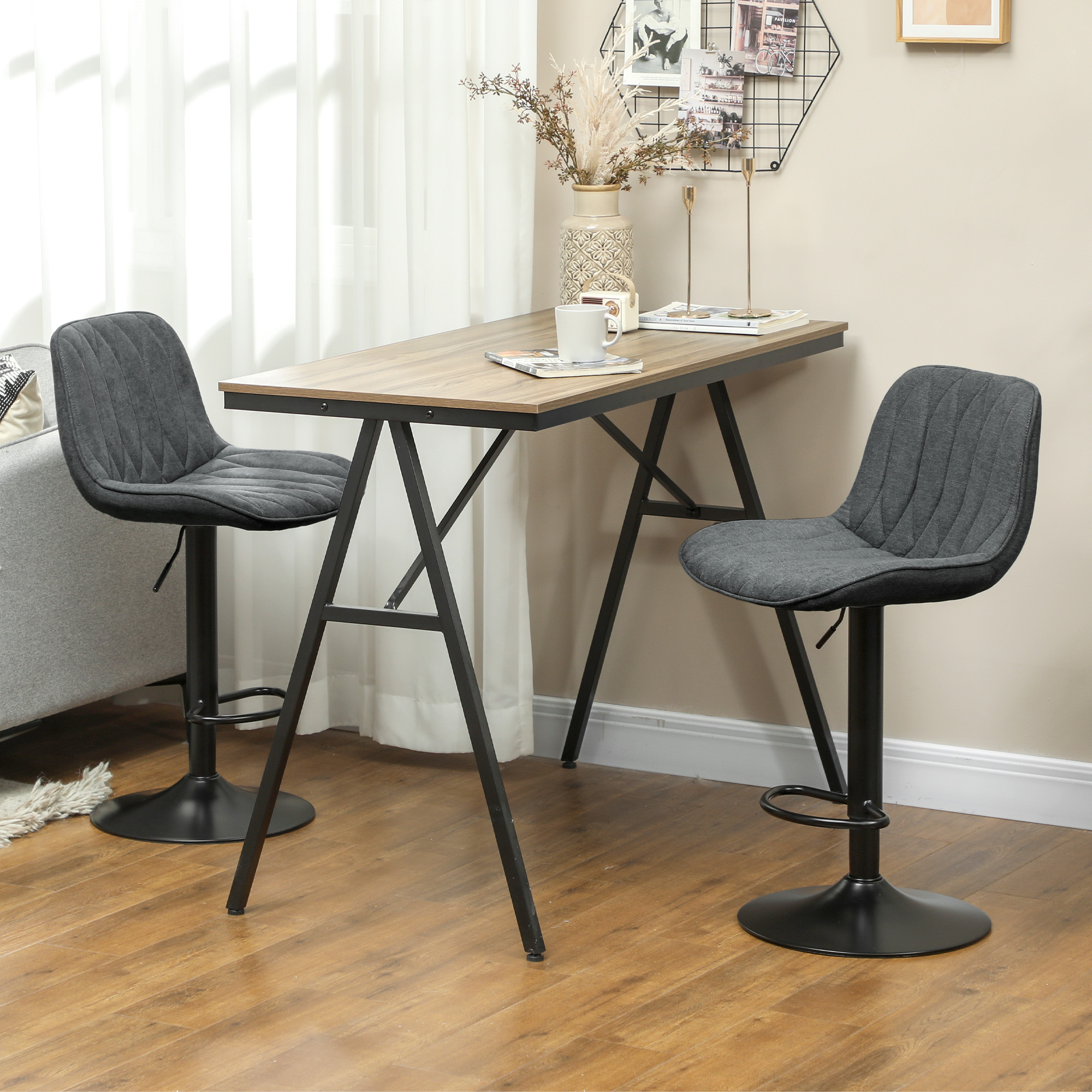 Set of two linen-look bar stools - charcoal grey