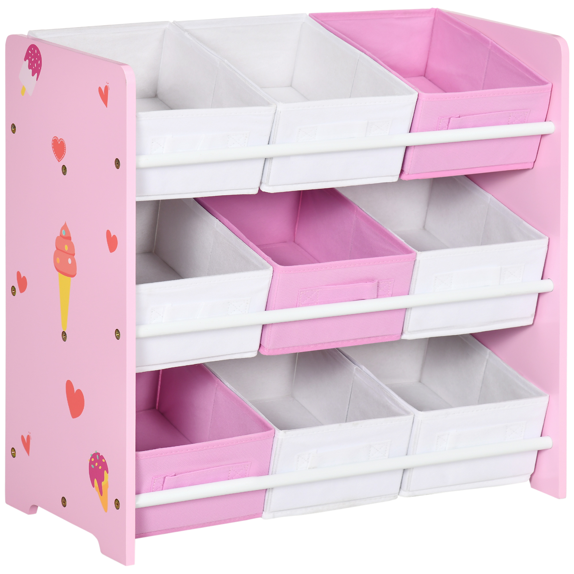 Kids pink storage rack with nine angled removable baskets