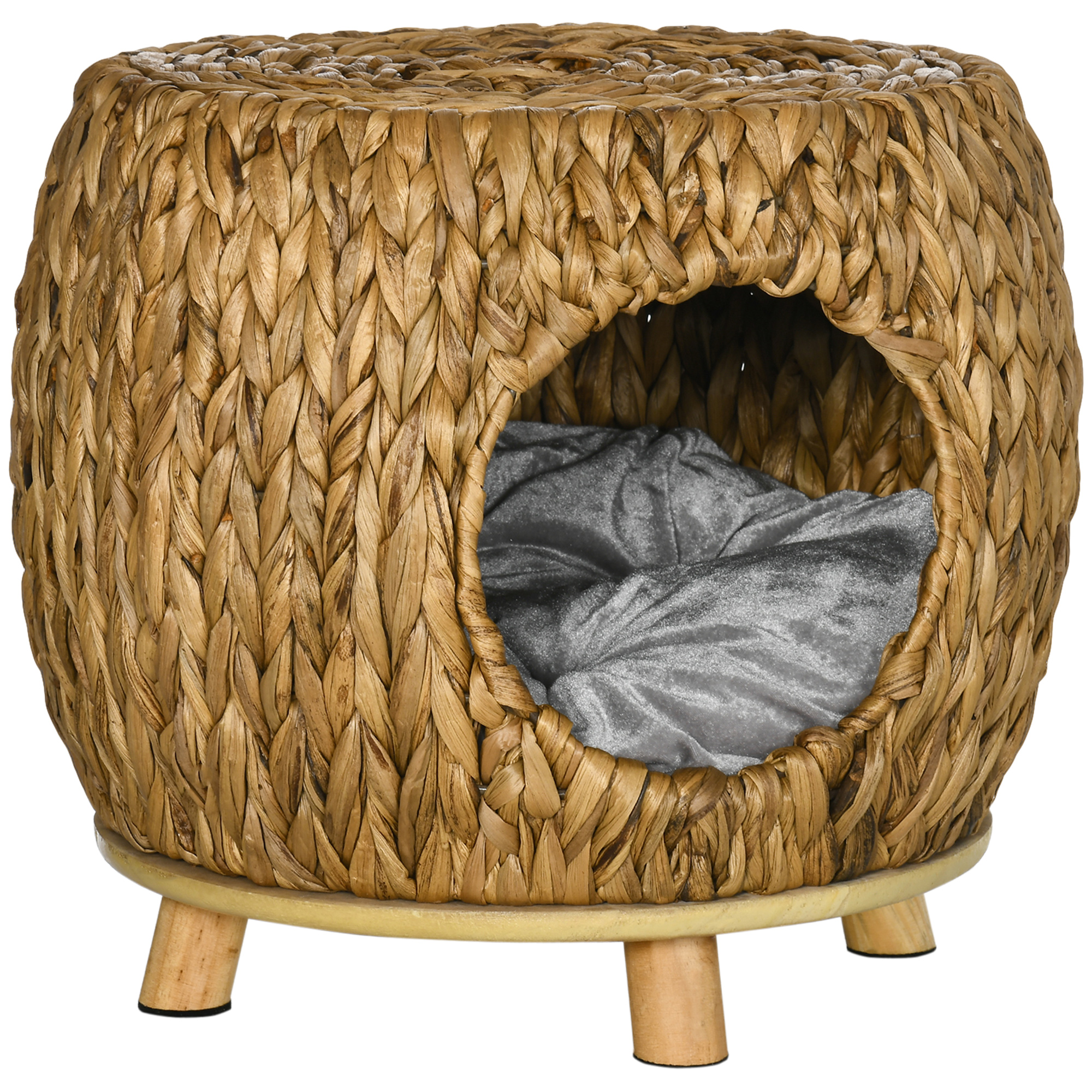 Woven water-hyacinth cat house on slim wooden legs