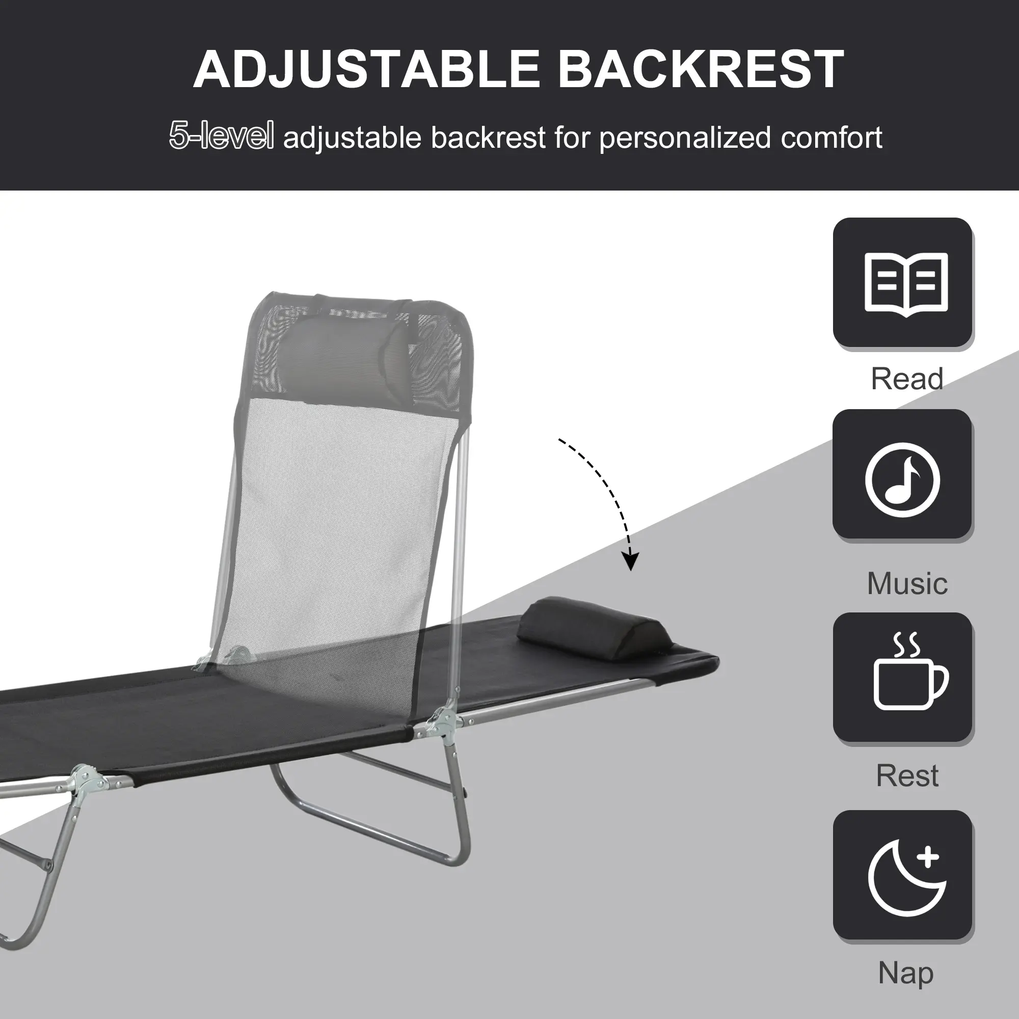 Folding Chaise Lounge Pool Chairs, Outdoor Sun Tanning Chairs with Pillow, Reclining Back, Steel Frame & Breathable Mesh for Beach, Yard, Patio, Black