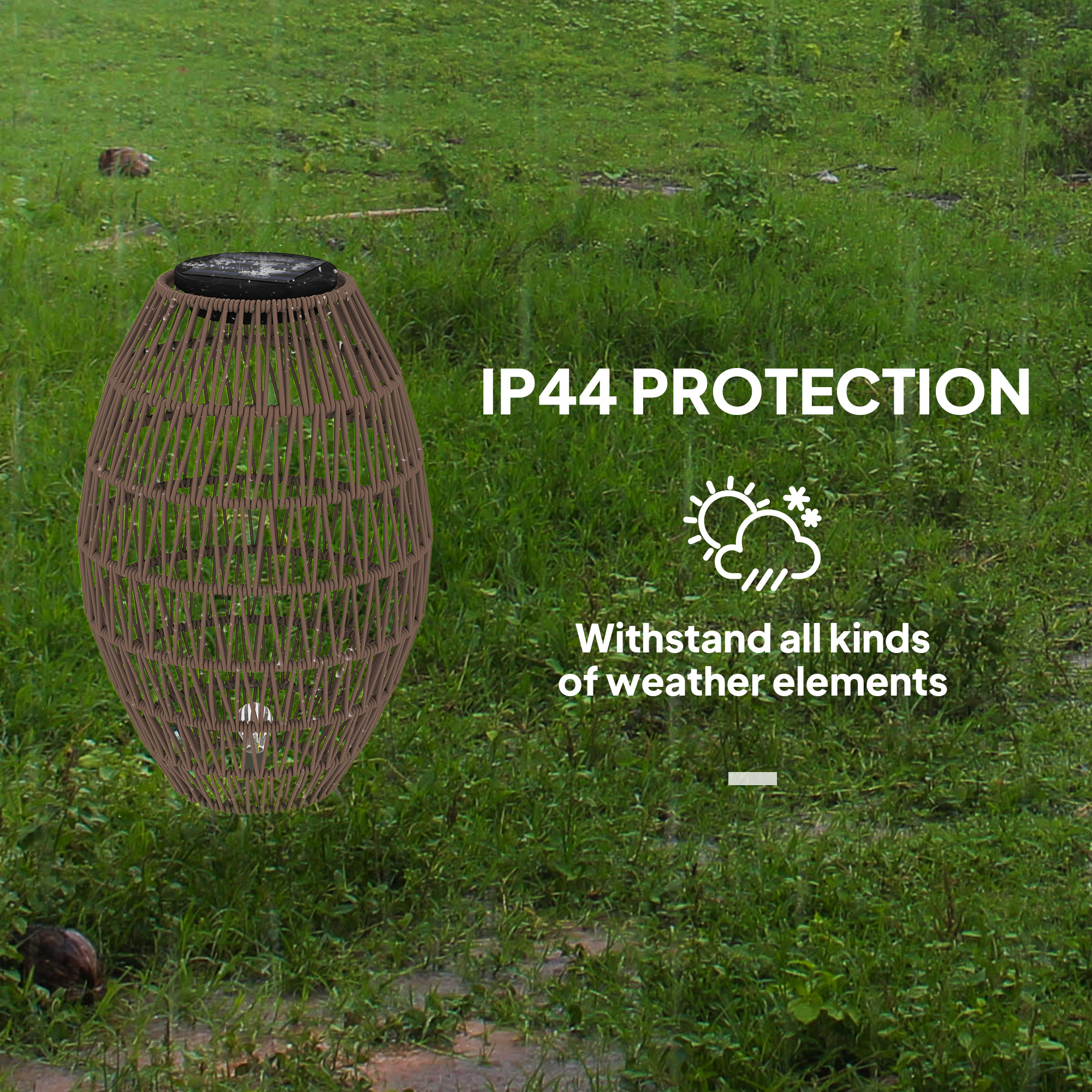 Close-up of rattan solar lamp showing warm LED filament glow and dark brown finish