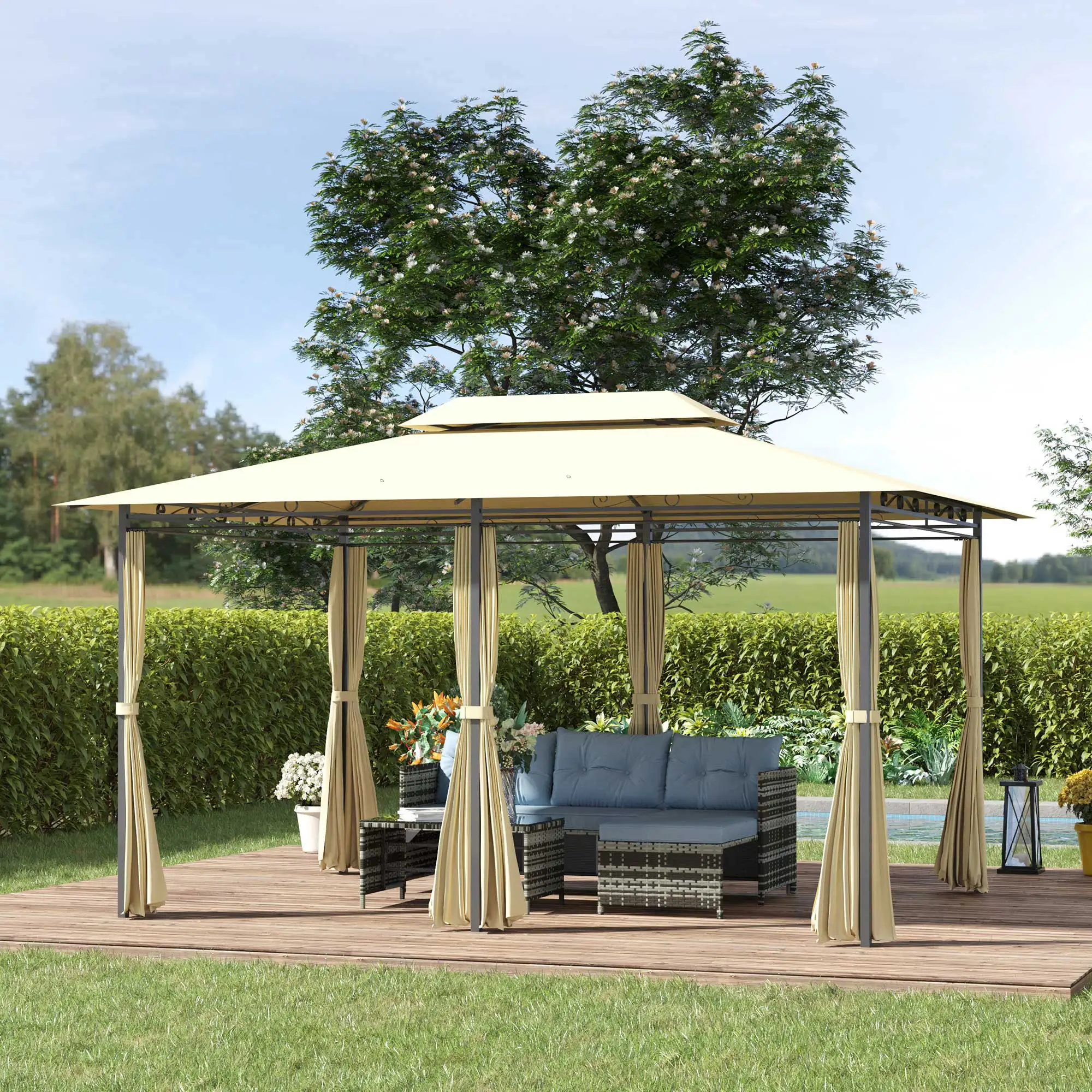 10 x 13 Patio Gazebo, Outdoor Gazebo Canopy Shelter with Curtains, Vented Roof, Steel Frame for Garden, Lawn, Backyard and Deck, Cream White