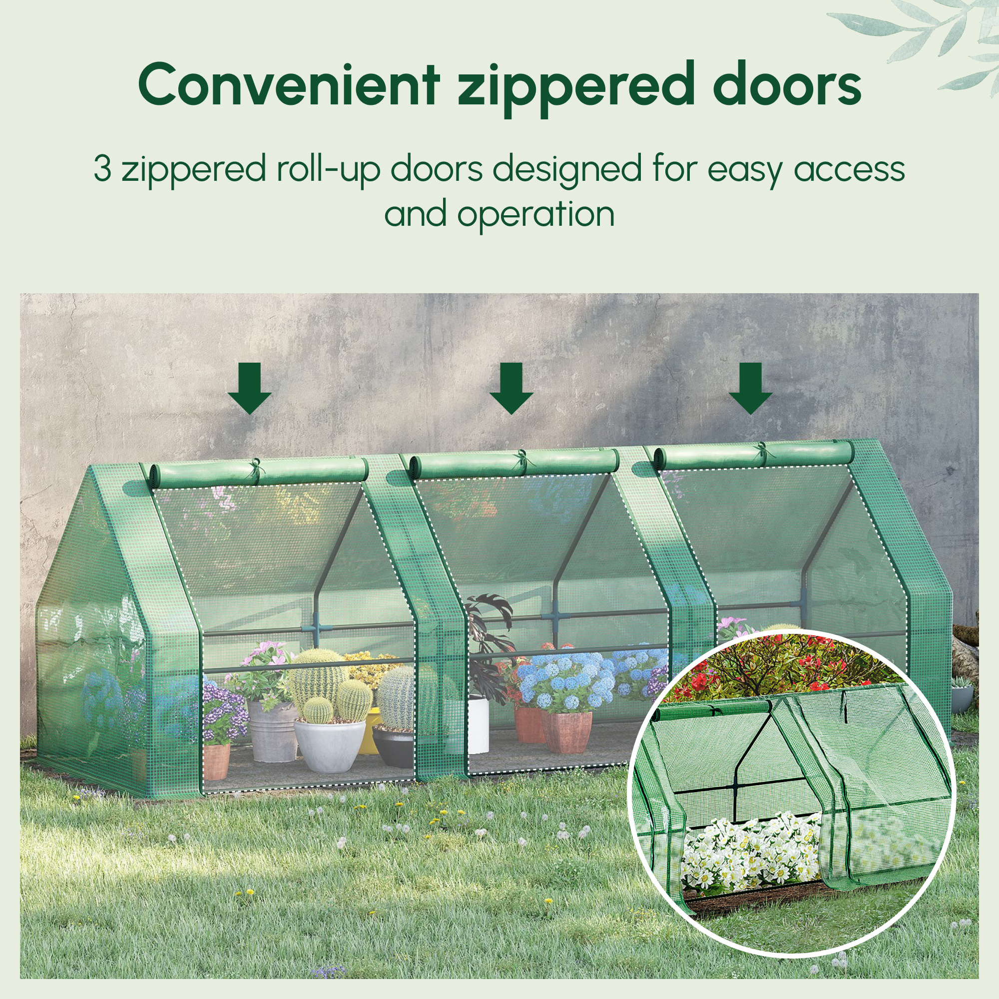 9 x 3 x 3 Portable Mini Greenhouse Outdoor Garden with Large Zipper Doors and Water/UV PE Cover, Green image 3