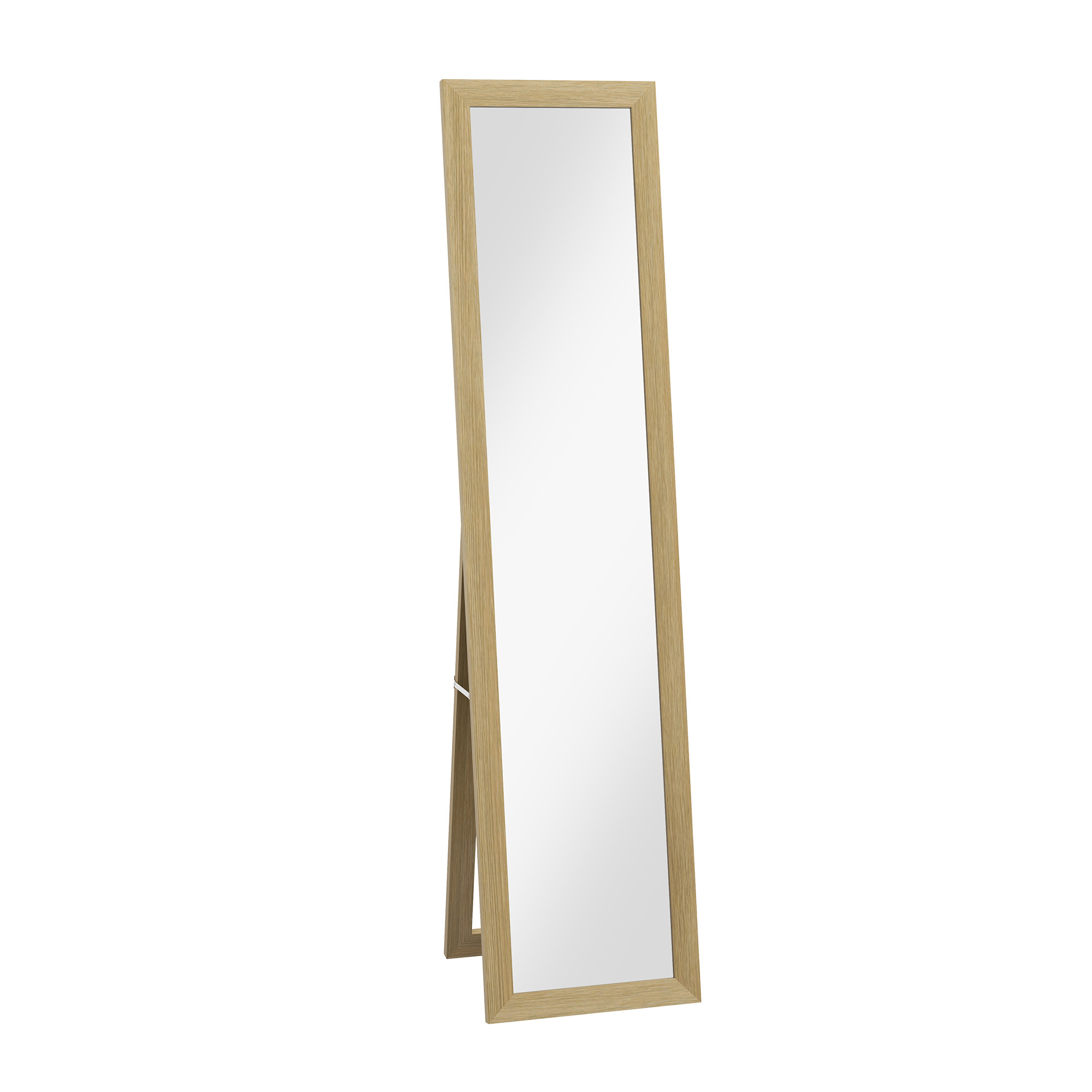 Rustic natural wood-effect MDF framed full length mirror leaning against a plain bedroom wall