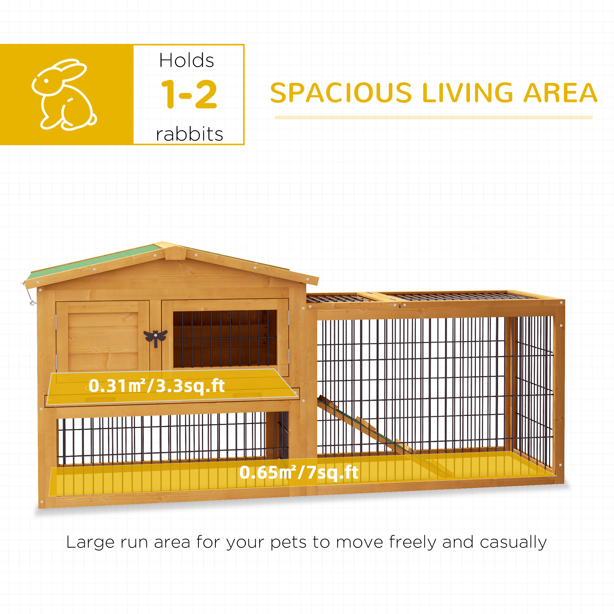 PawHut Wooden Rabbit Hutch With Outdoor Run Yellow