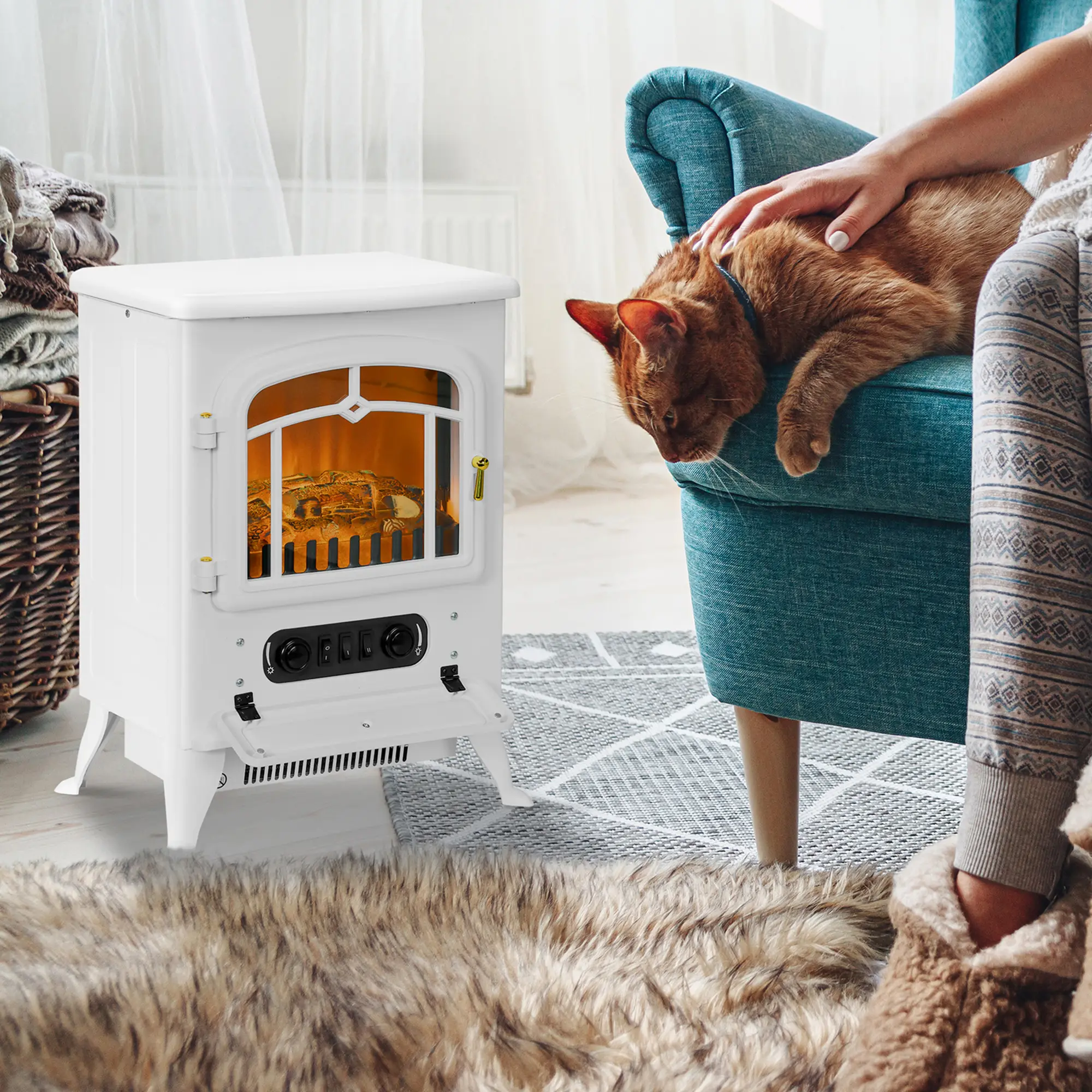 Modern Electric Fireplace, Freestanding Electric Stove Fire With Flame Effect, 950 1850W, White