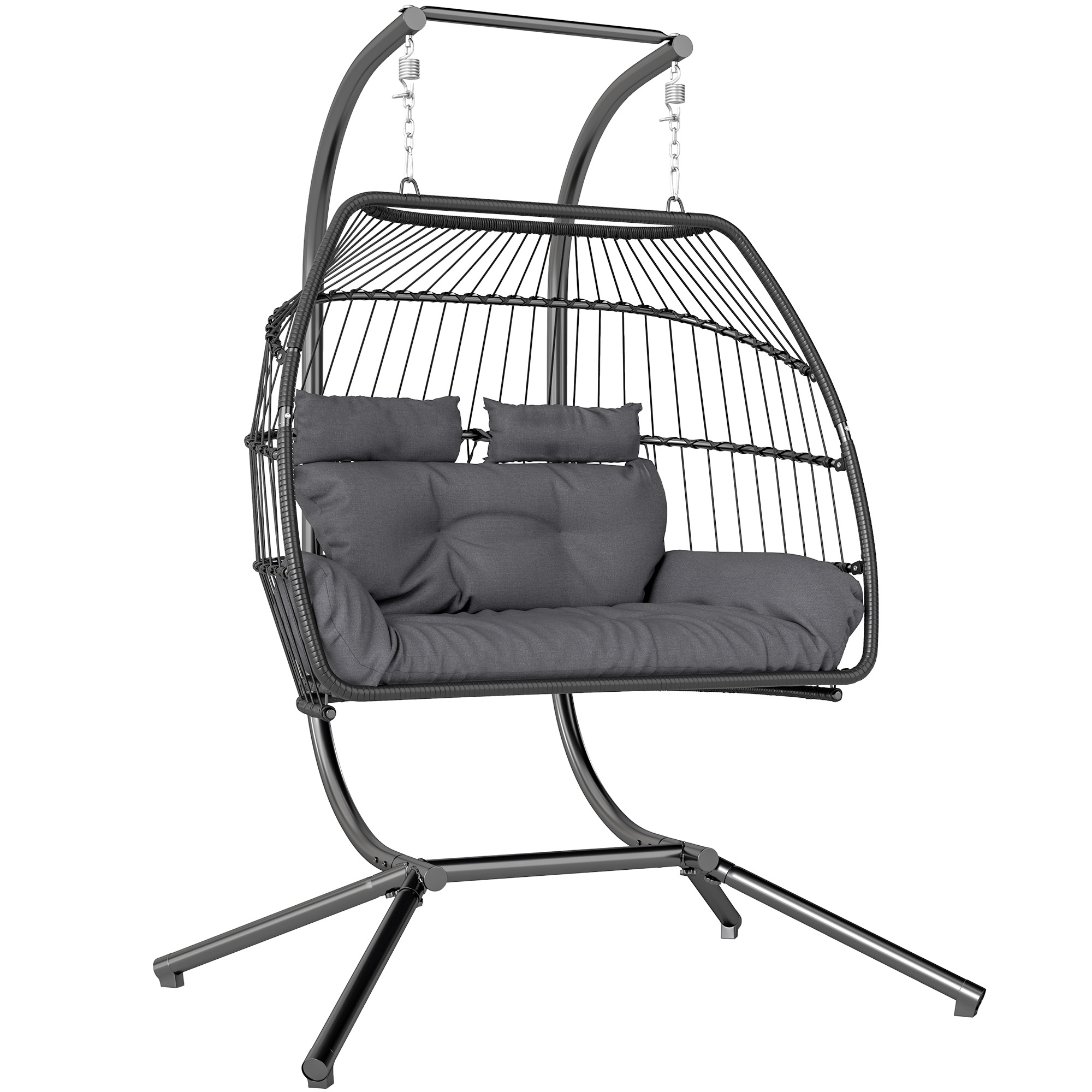Dark grey double hanging egg chair with two-person rattan basket