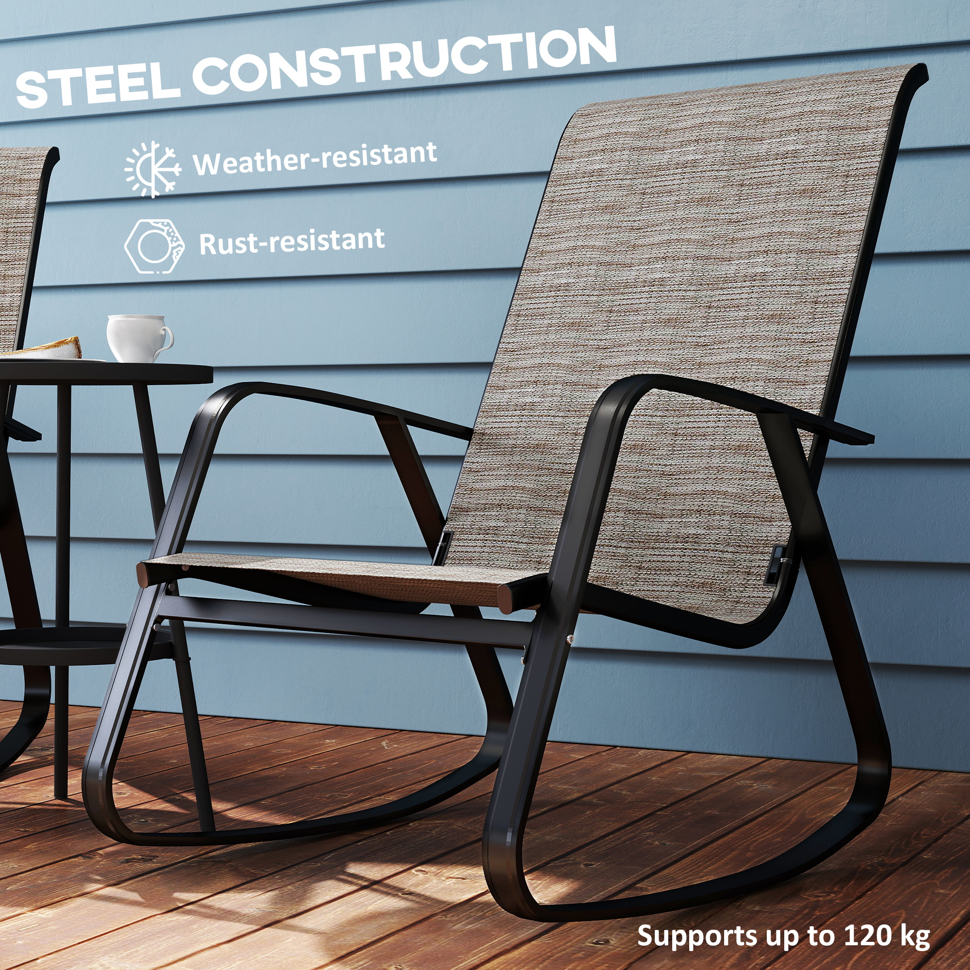 Rocking garden chair shown from the side highlighting the high backrest and armrest design