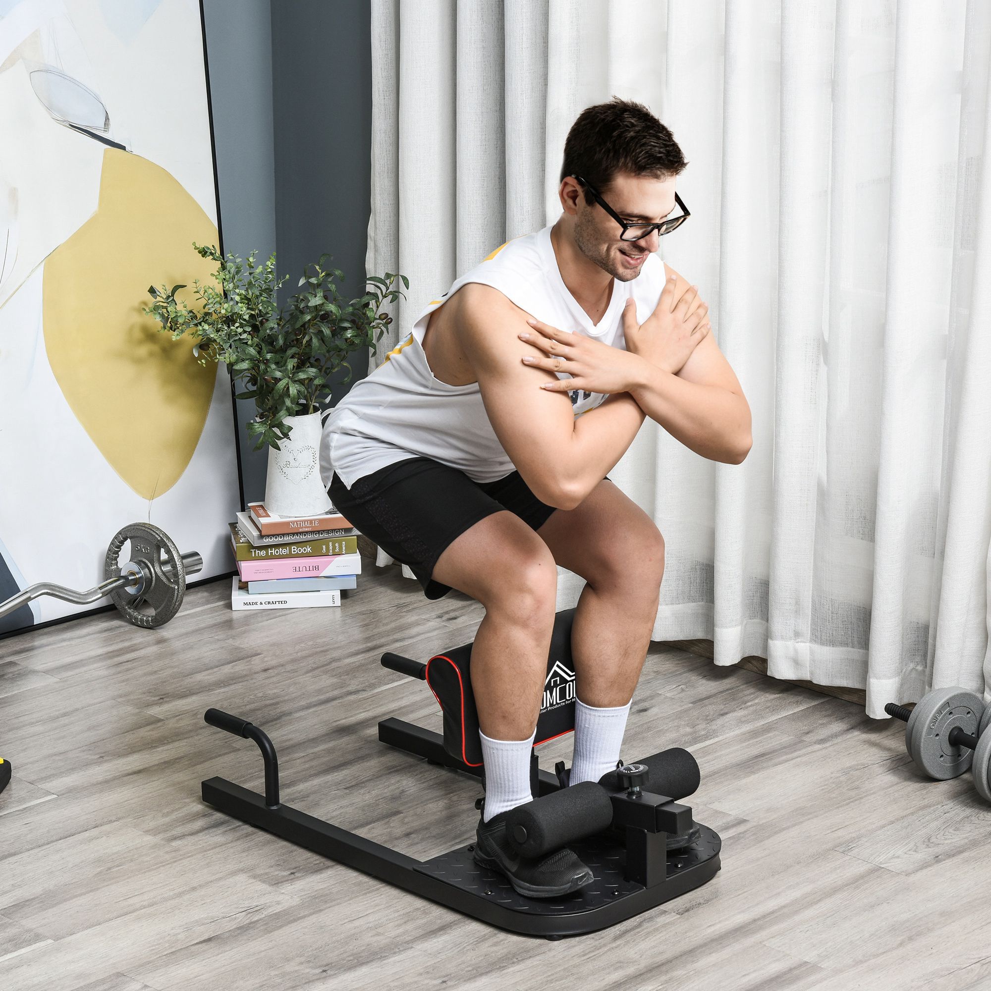 Squat machine with push up stand, padded hip thrust bench