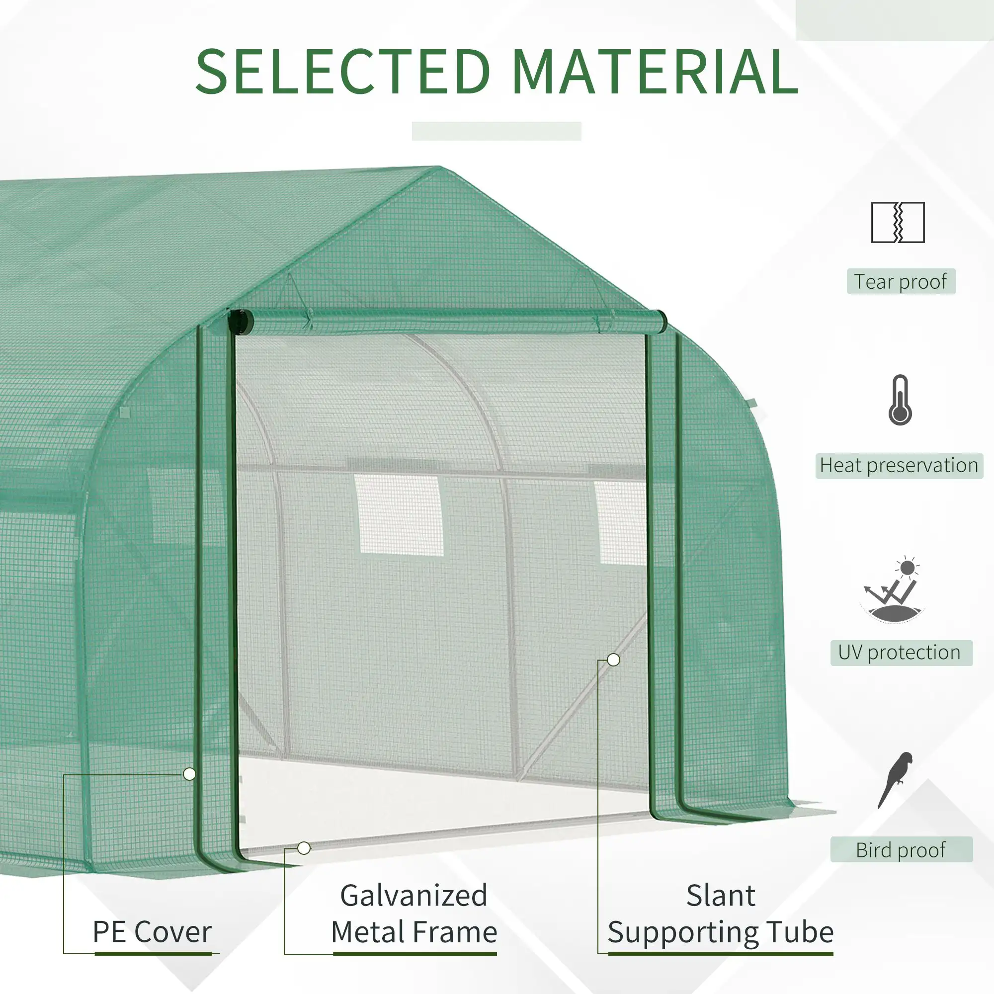 Walk-in Polytunnel Garden Greenhouse, Outdoor Mesh Door Greenhouse With PE Cover And 6 Windows, 3.5 X 3 X 2m, Green
