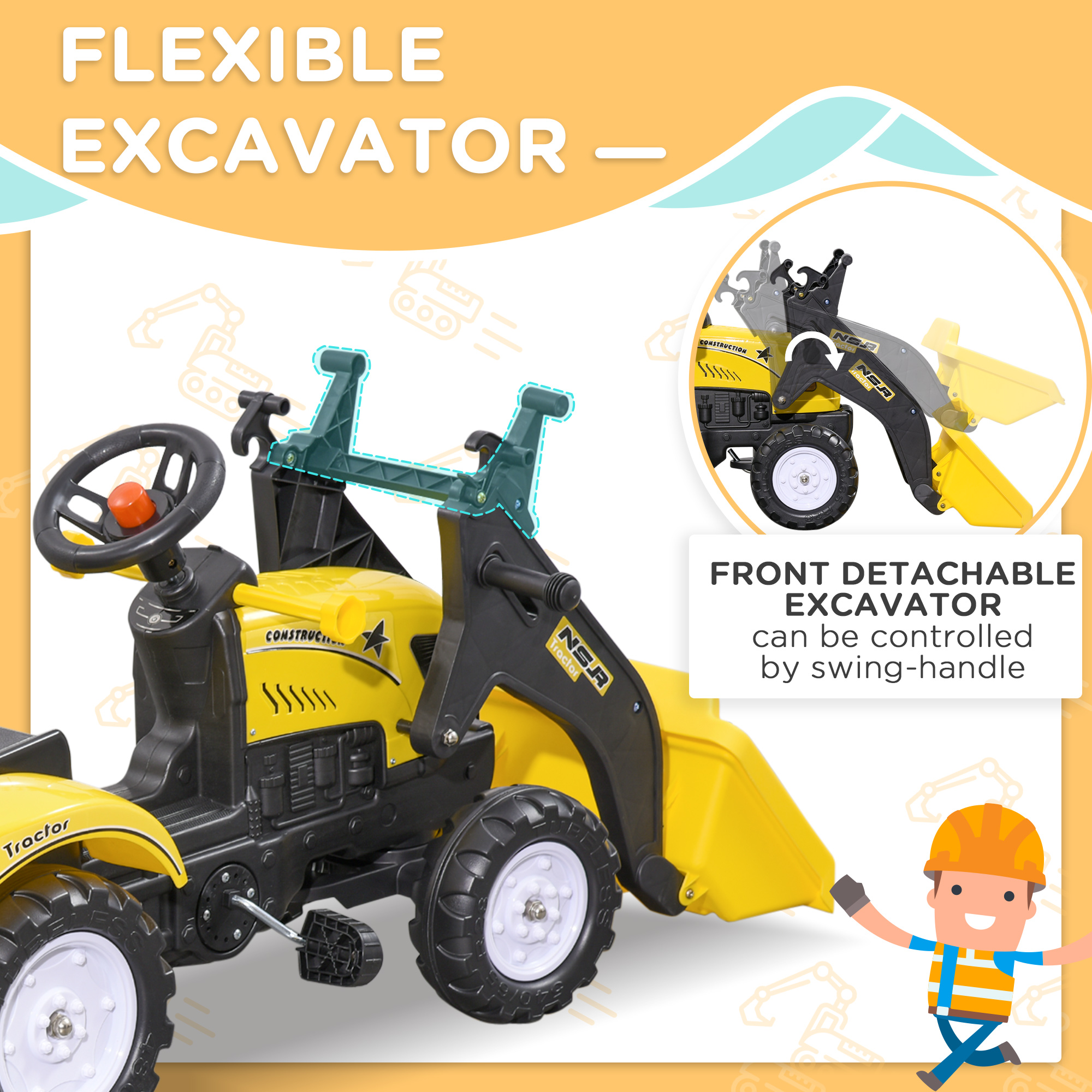 Kids Pedal Go Kart Excavator-Yellow — image 3