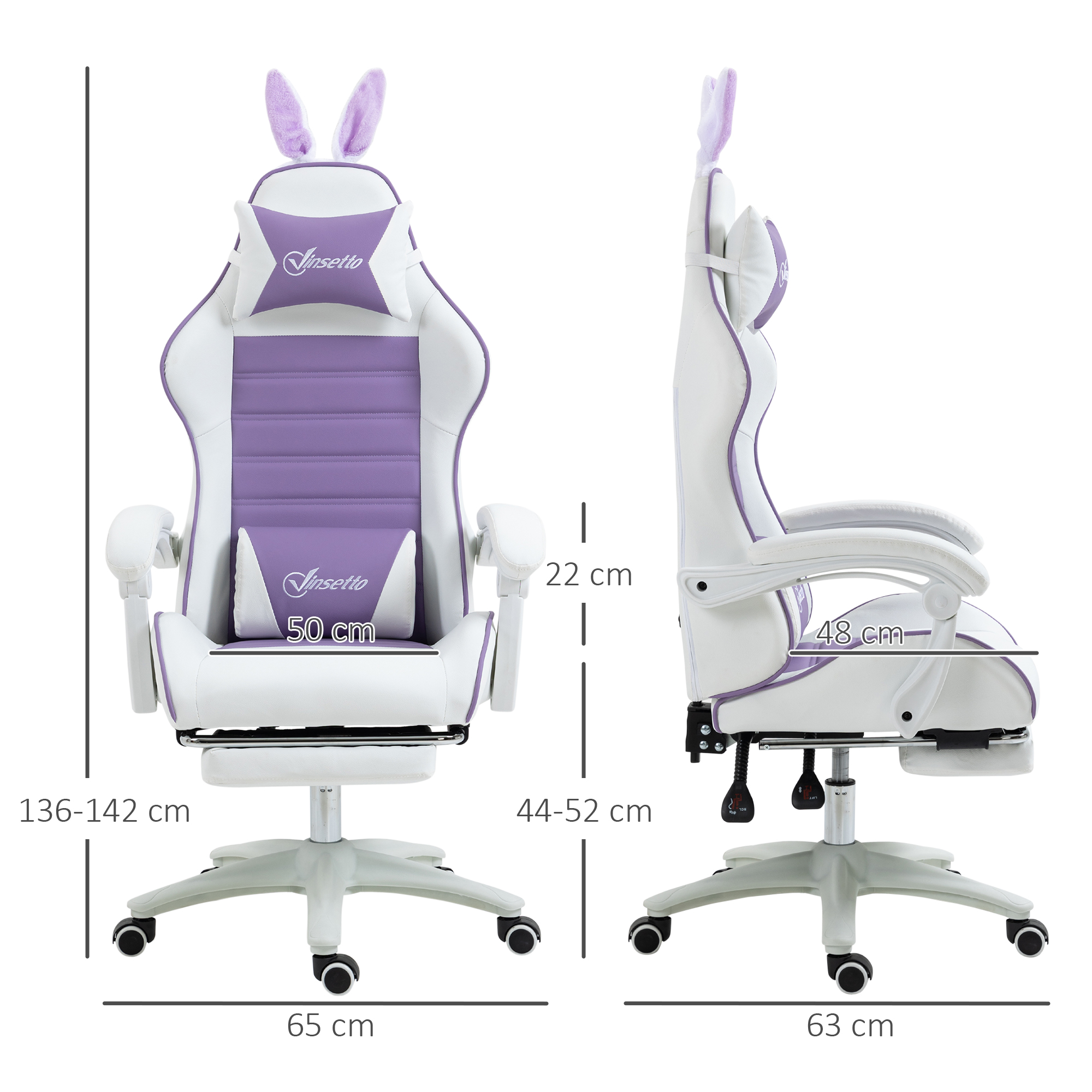 Vinsetto Racing Gaming Chair, Reclining PU Leather Computer Chair With Removable Rabbit Ears, Footrest, Headrest And Lumber Support, Purple 2