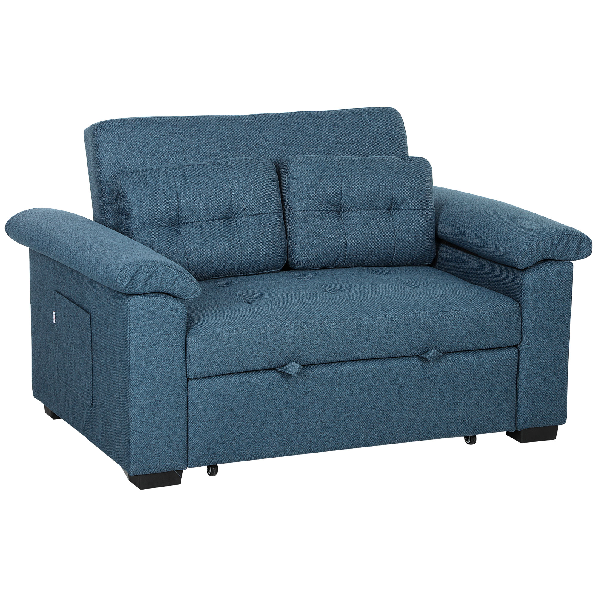 Blue 2-seater pull-out sofa bed with pocket springs and eucalyptus wood frame