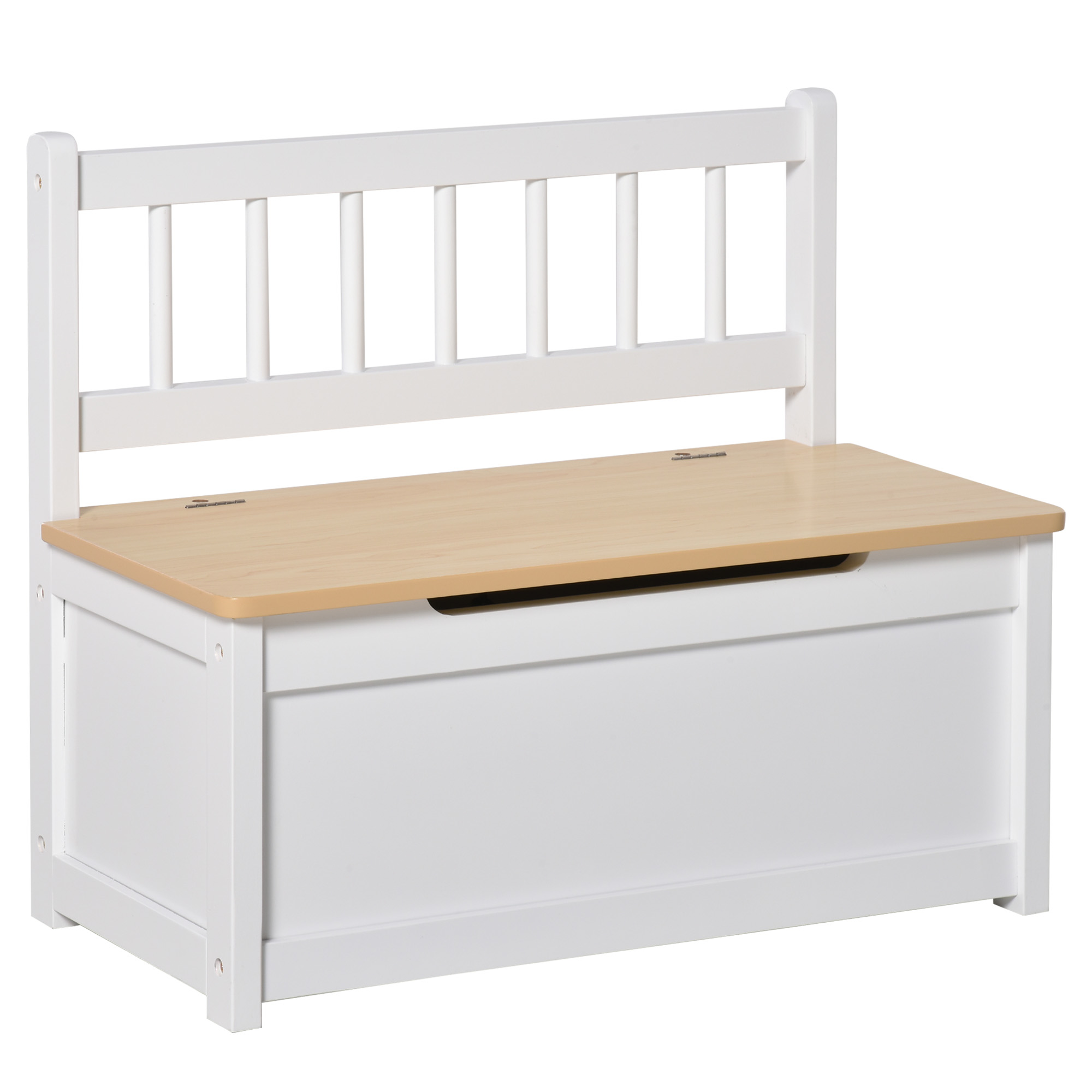 White wooden toy box with seat top and pale wood lid, child-height bench style