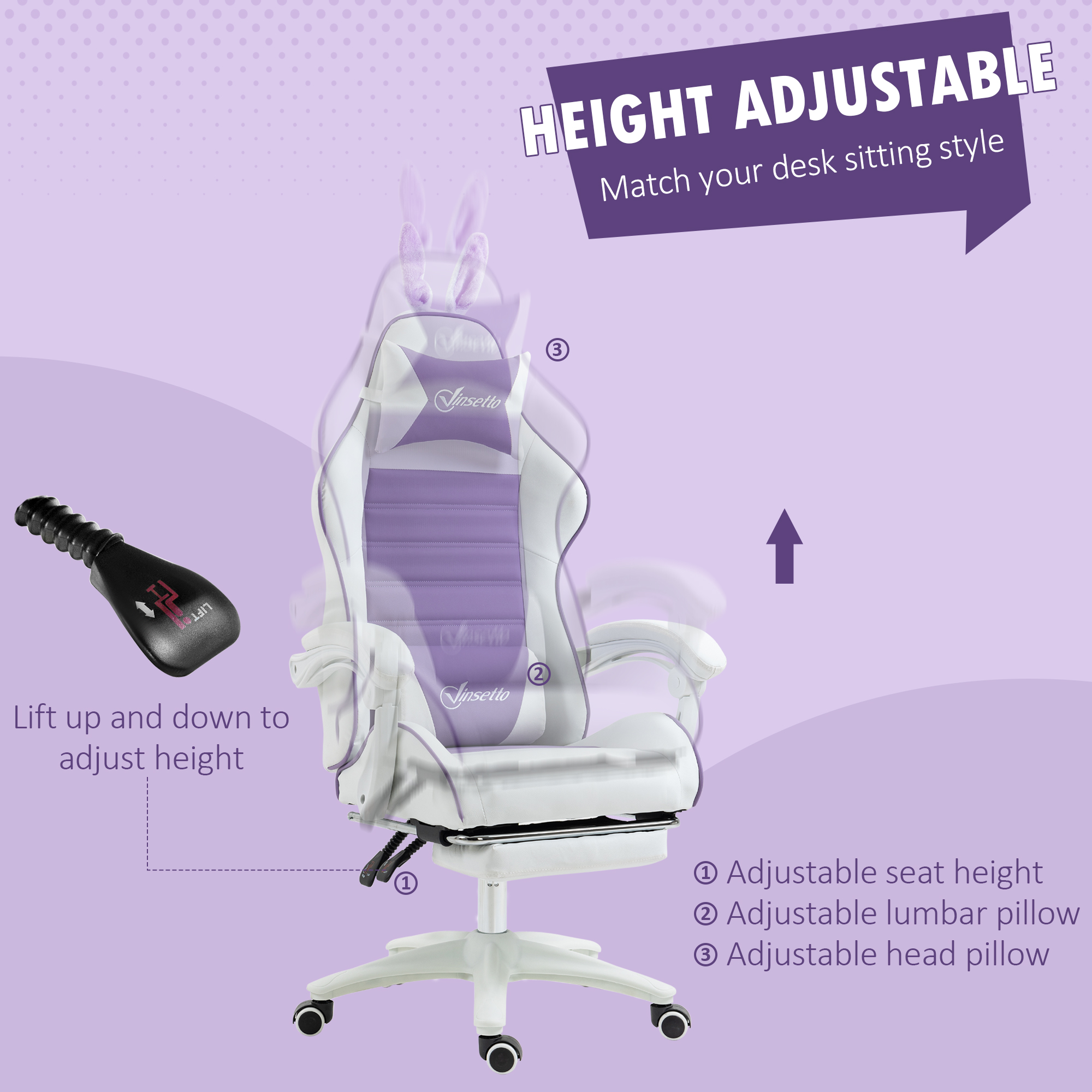 Vinsetto Racing Gaming Chair, Reclining PU Leather Computer Chair With Removable Rabbit Ears, Footrest, Headrest And Lumber Support, Purple 5