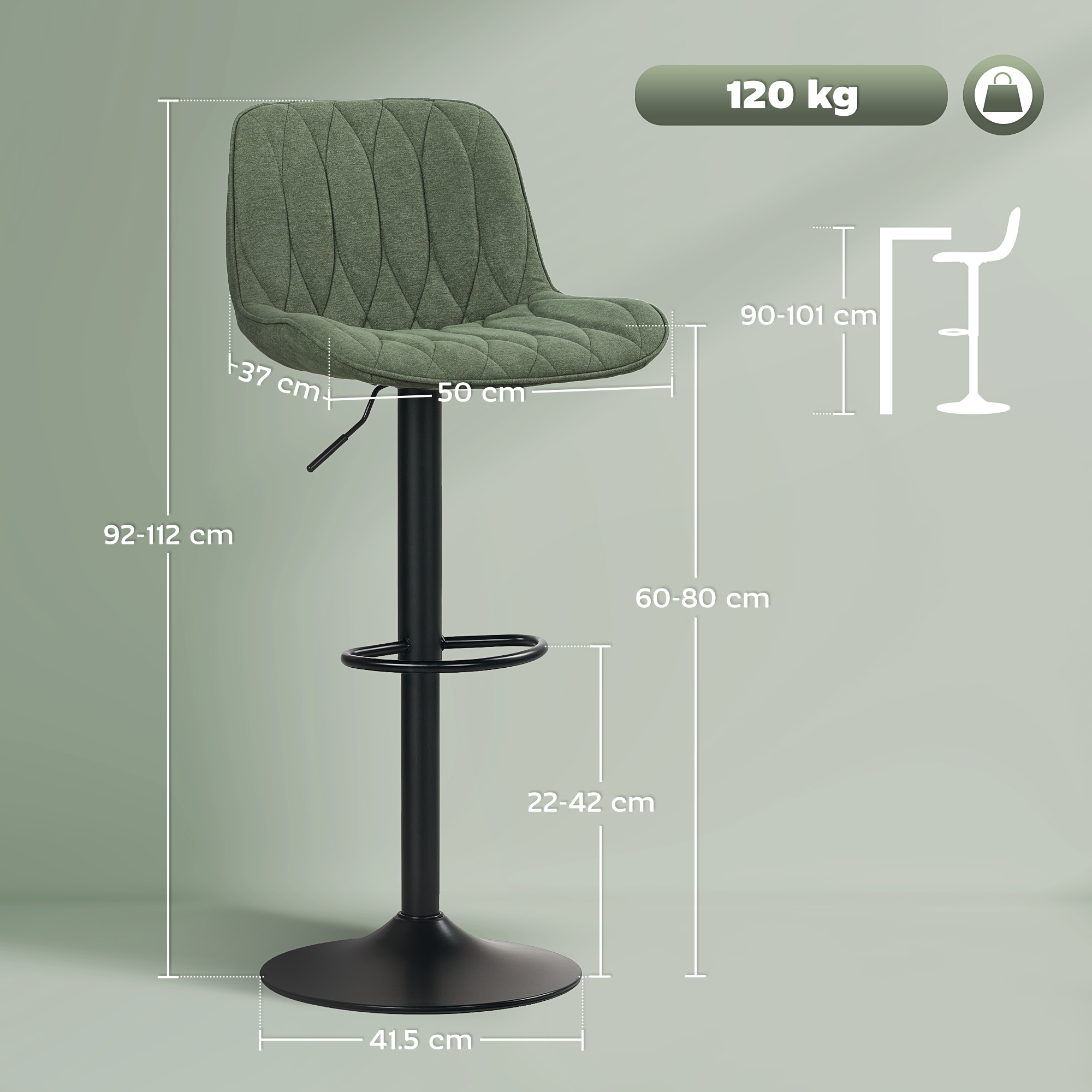 Breakfast Bar Stools Set Of 2 Linen Upholstery 60-80cm