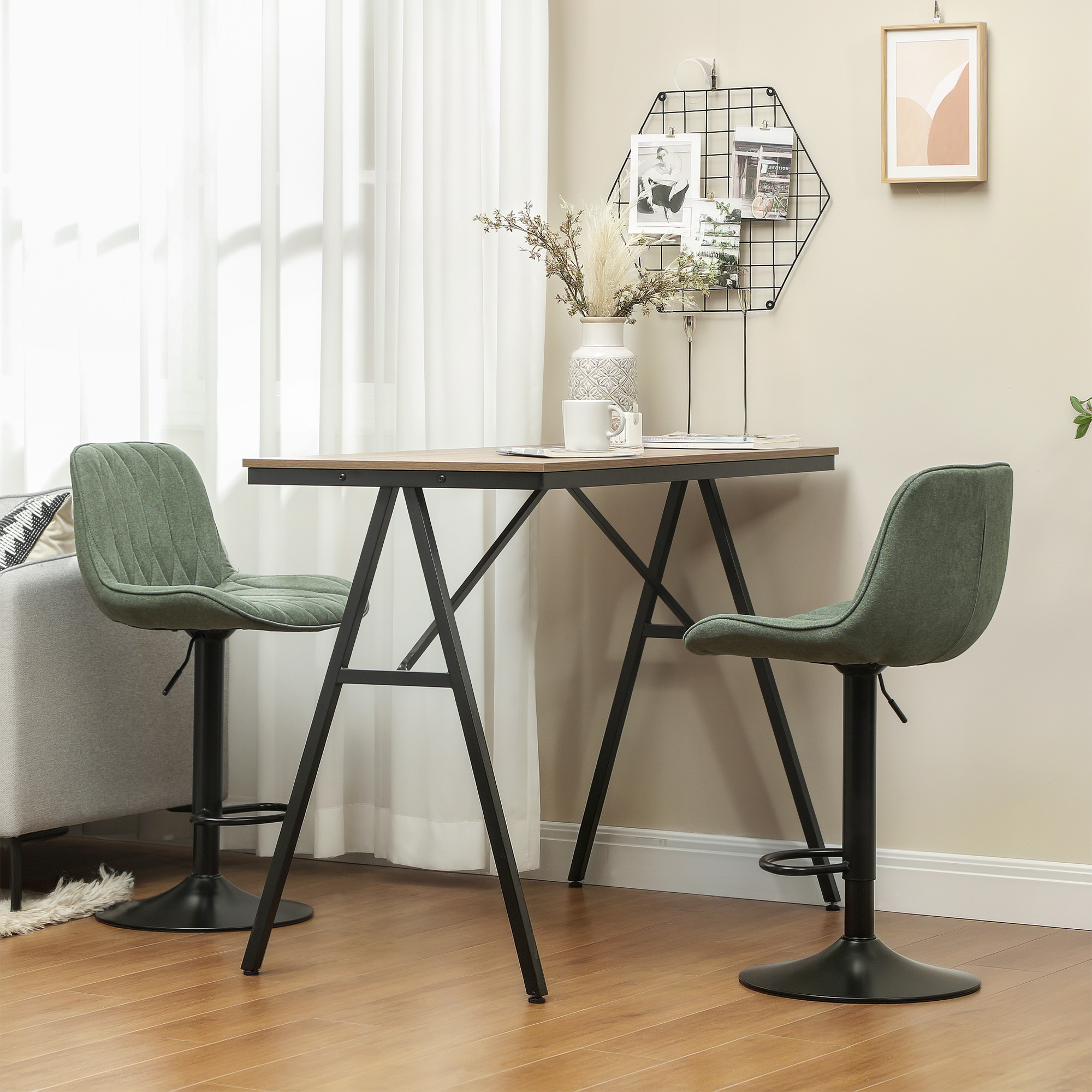 Breakfast Bar Stools Set Of 2 Linen Upholstery 60-80cm