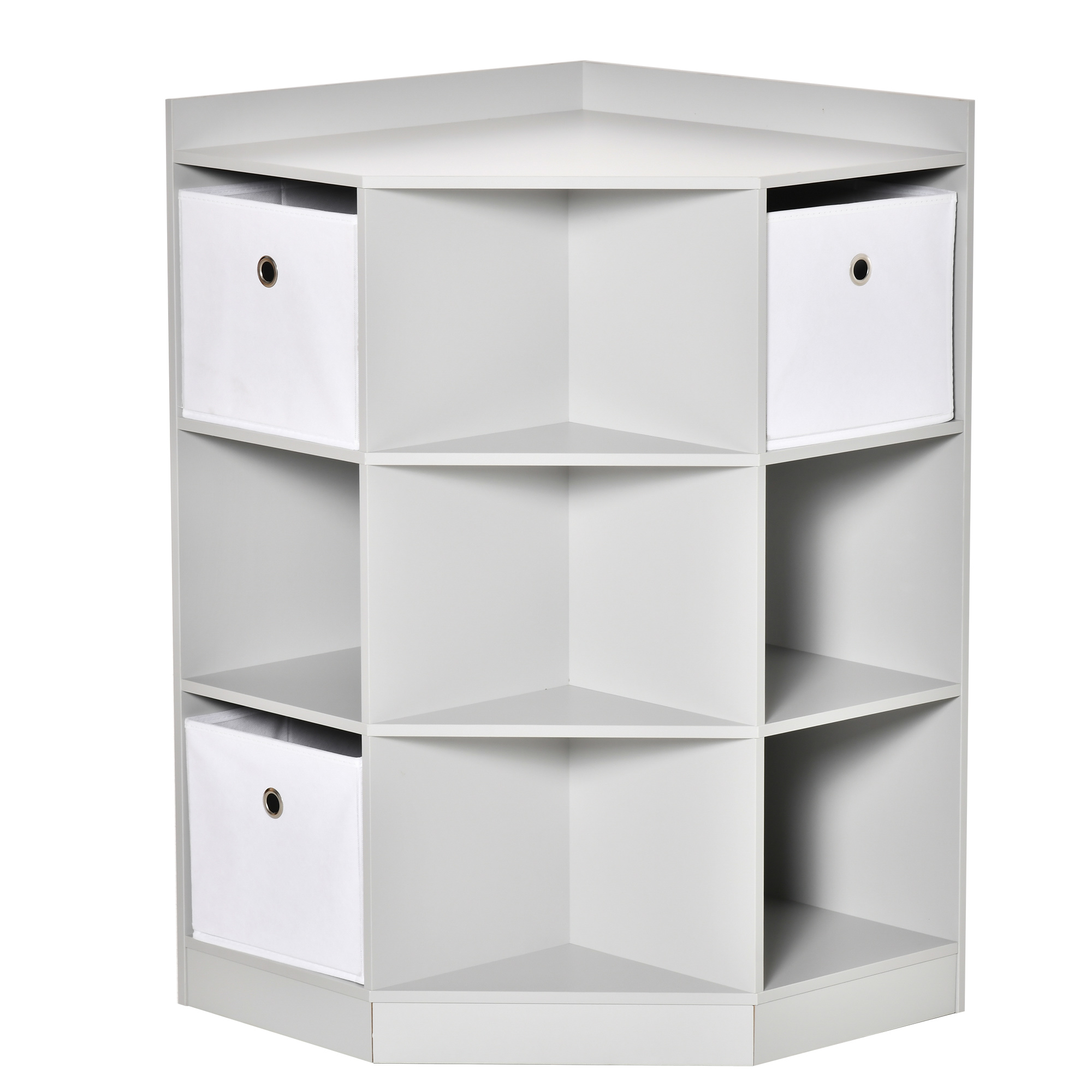 Grey corner kids' bookcase with nine open cubbies and three fabric drawers in a small UK child's bedroom.