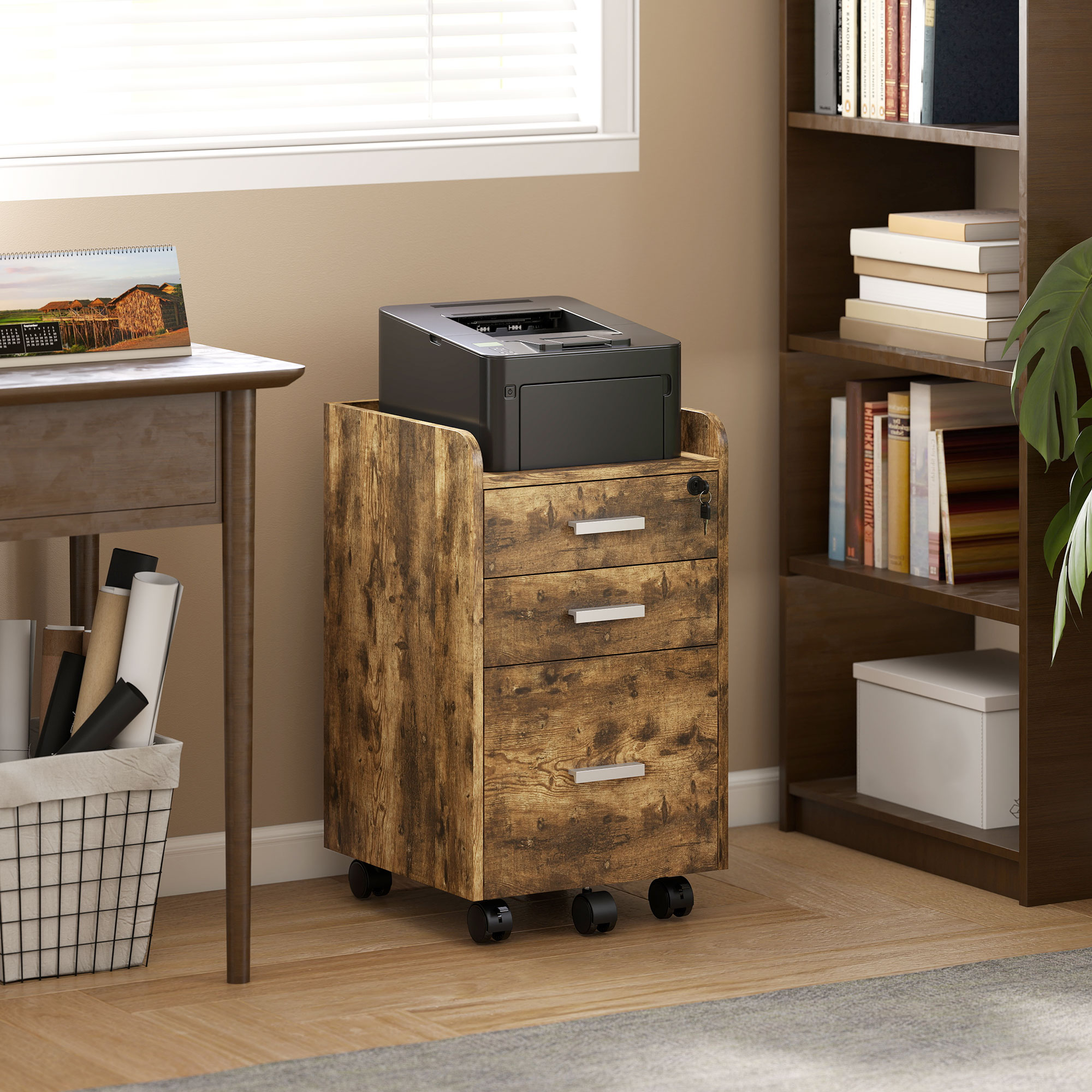 Rustic brown 3-drawer rolling filing cabinet beside a home desk