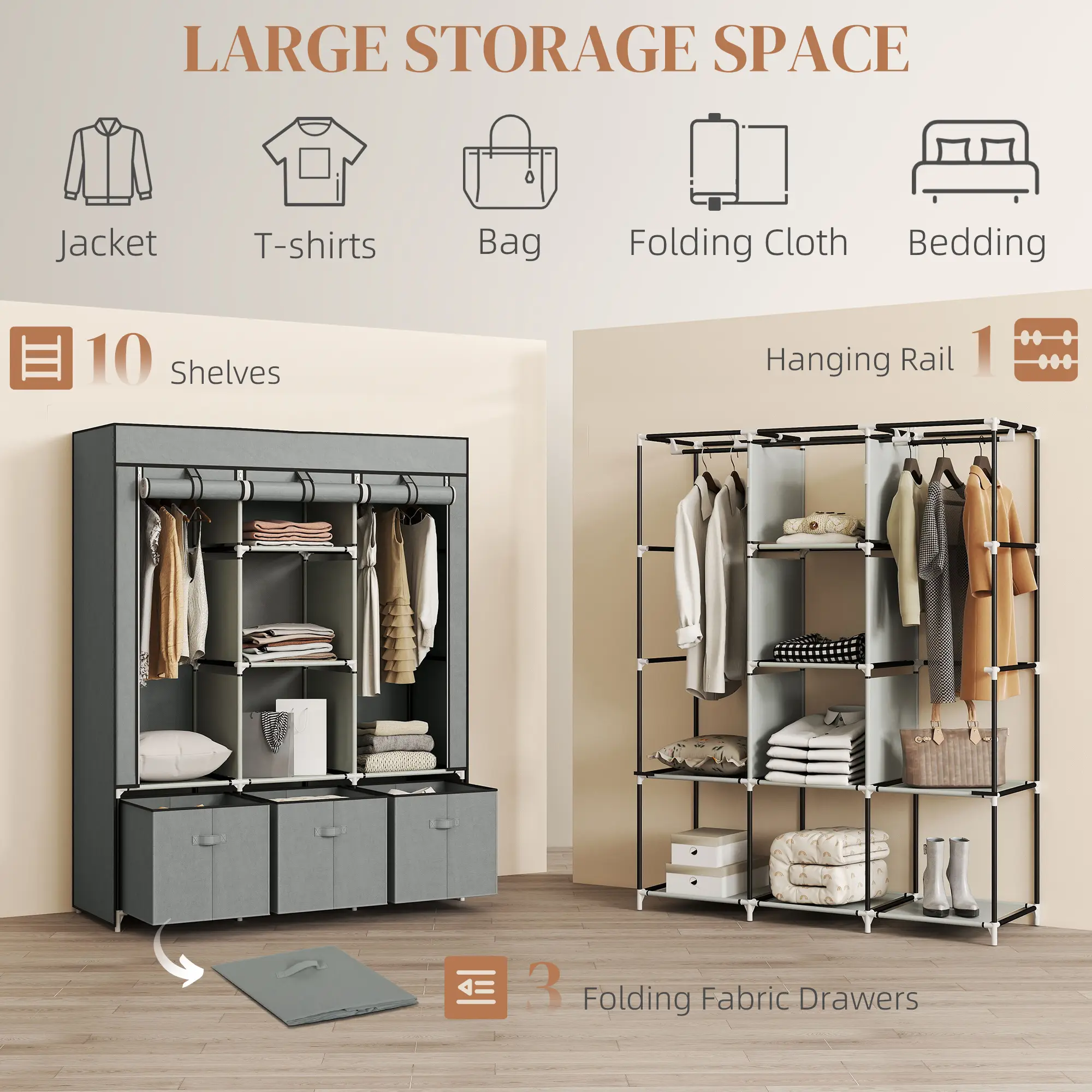 Fabric Wardrobe For Bedroom, Portable Wardrobe With 5 Shelves, 2 Hanging Rails And 3 Fabric Drawers, Foldable Closet, 125 X 43 X 162.5cm, Light Grey