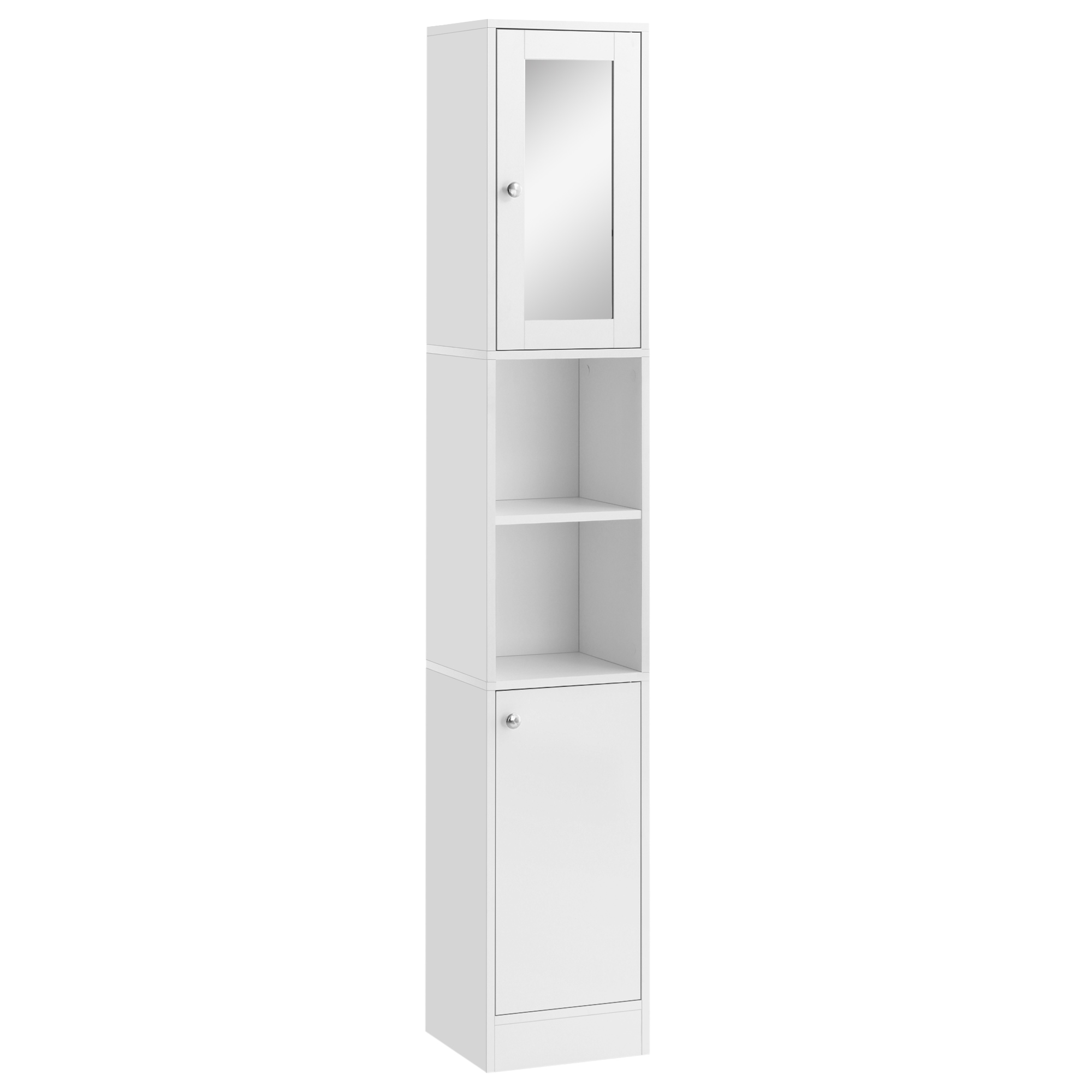 180 cm tall white bathroom storage cabinet with mirror upper door and open shelves