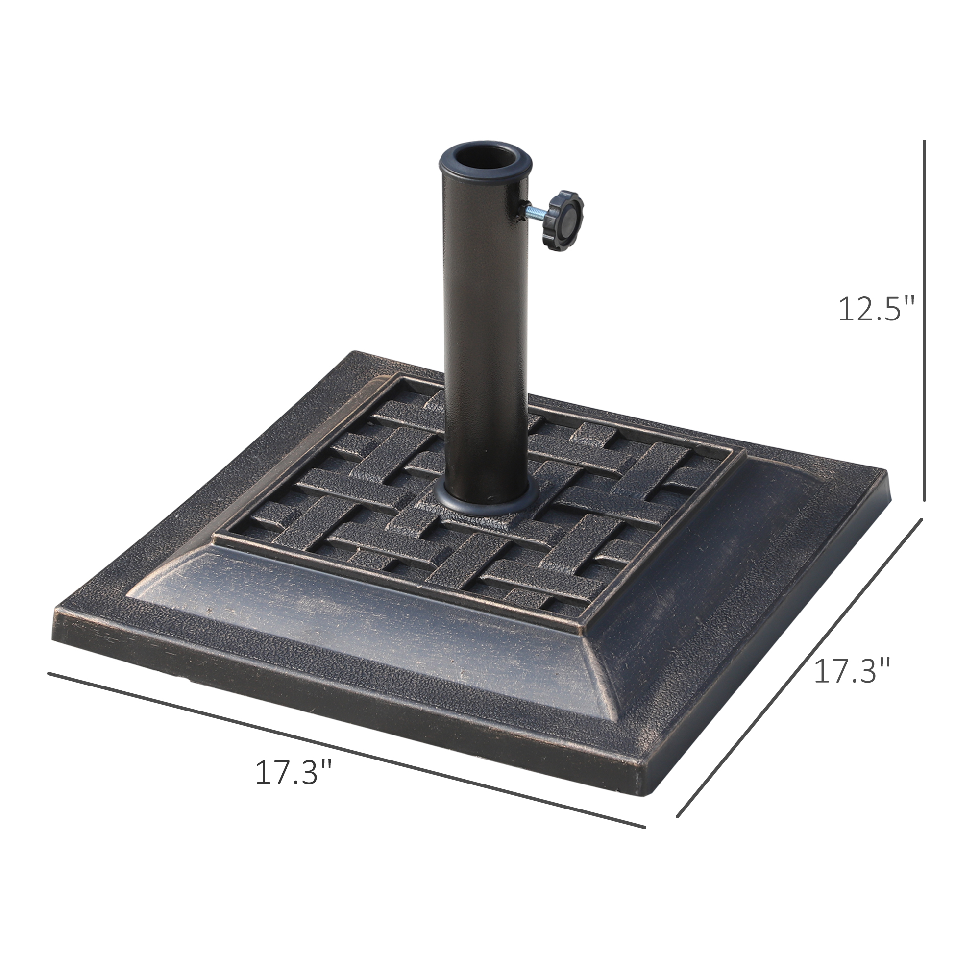 20 lbs Patio Market Umbrella Base Stand Resin Parasol Holder Square with Beautiful Decorative Pattern & Easy Setup, for Φ1.5″, Φ1.89″ Pole, for Beach, Lawn, Deck, Backyard, Garden, Bronze