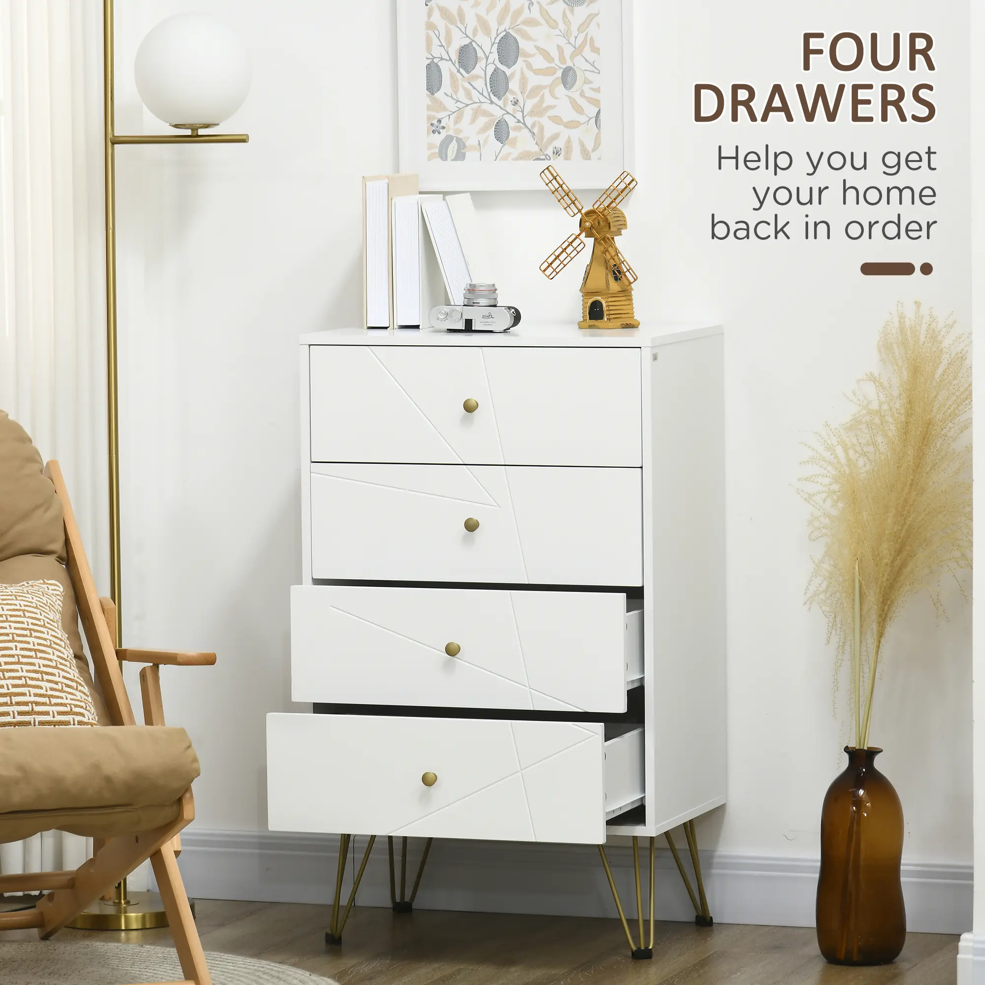 Tall Chest Of Drawers, 4-Drawer Dresser For Bedroom, Modern Storage Cabinets With Hairpin Legs, White