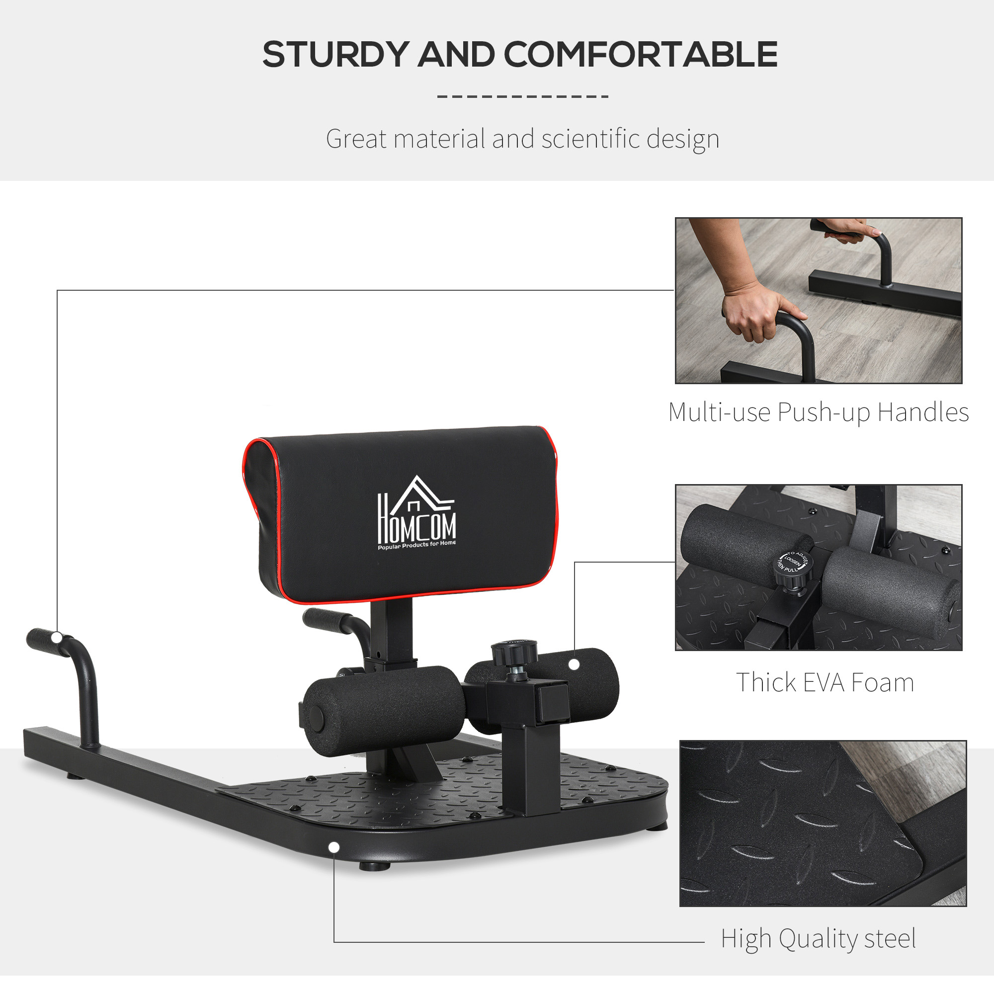 Squat machine with push up stand, padded hip thrust bench