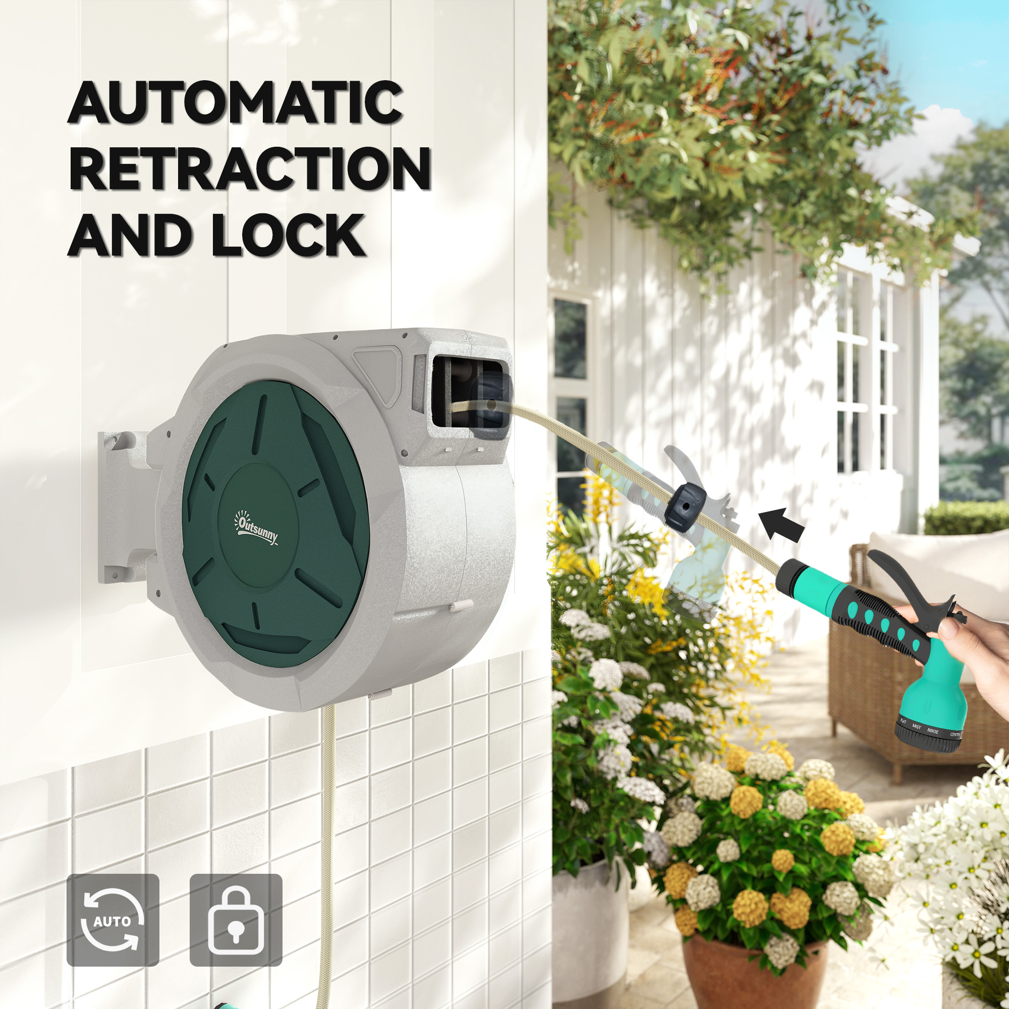 Wall-mounted 30m retractable garden hose reel in grey with auto-rewind mechanism