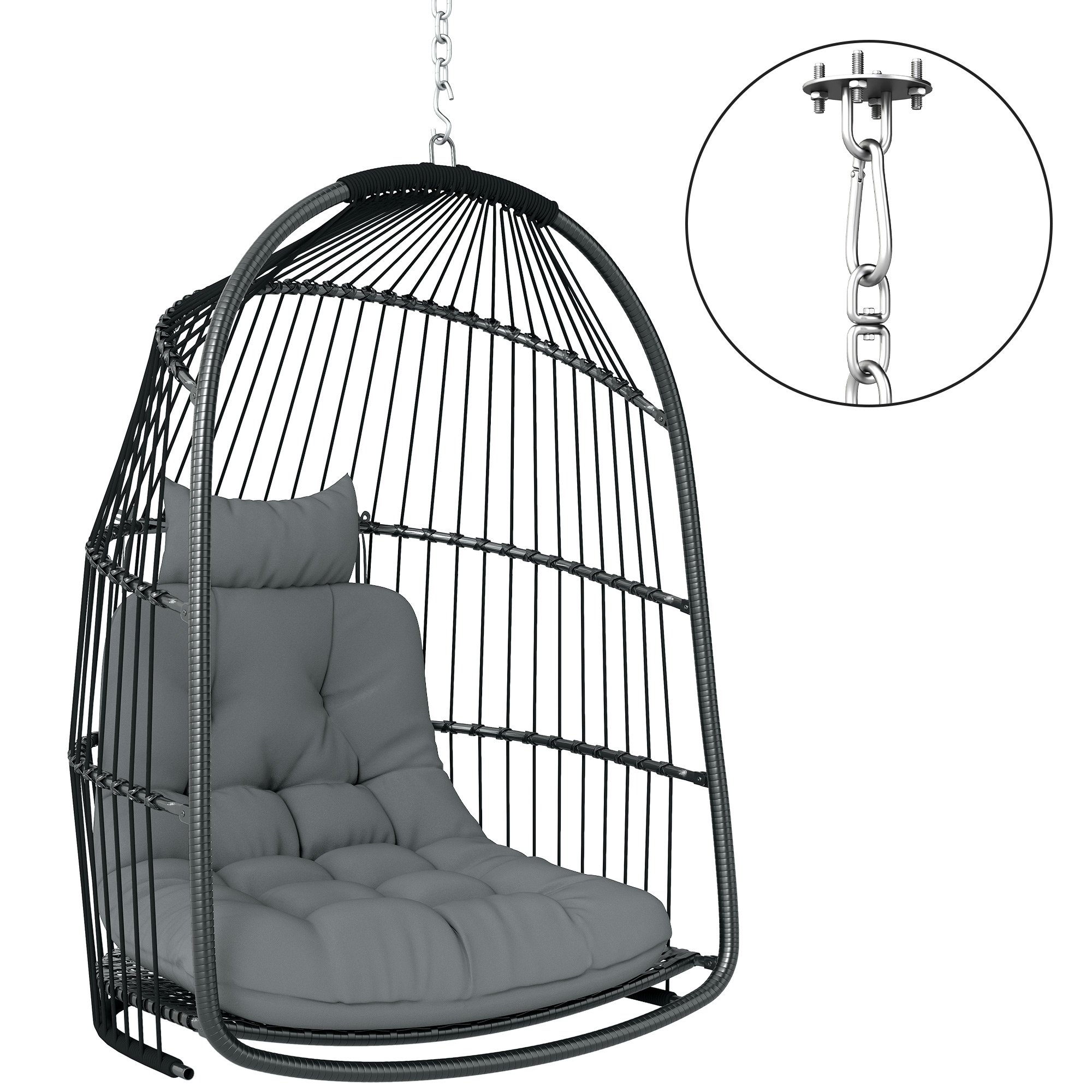 Dark grey foldable hanging egg chair with tufted cushion