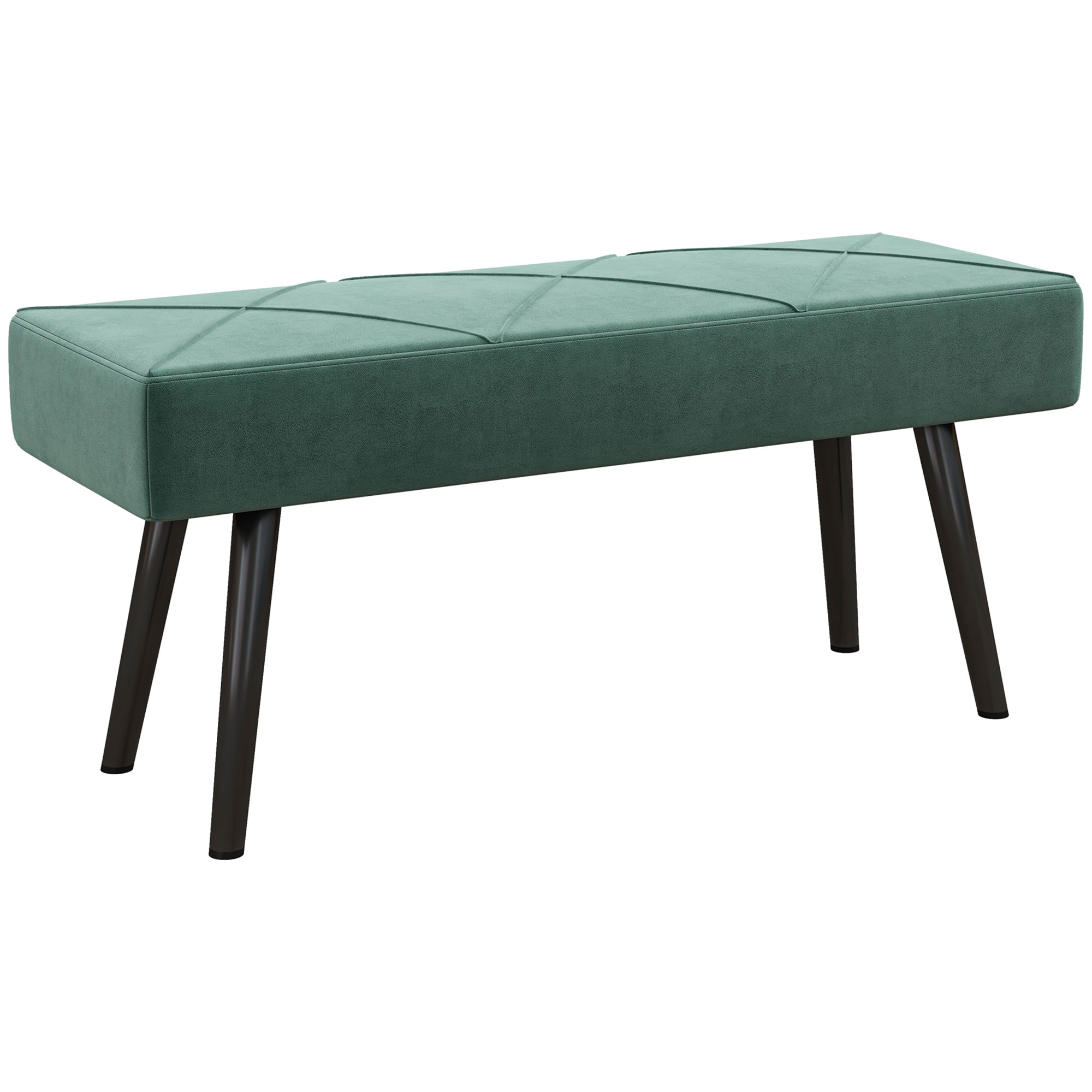 Green velvet upholstered end-of-bed bench with X-shaped steel legs