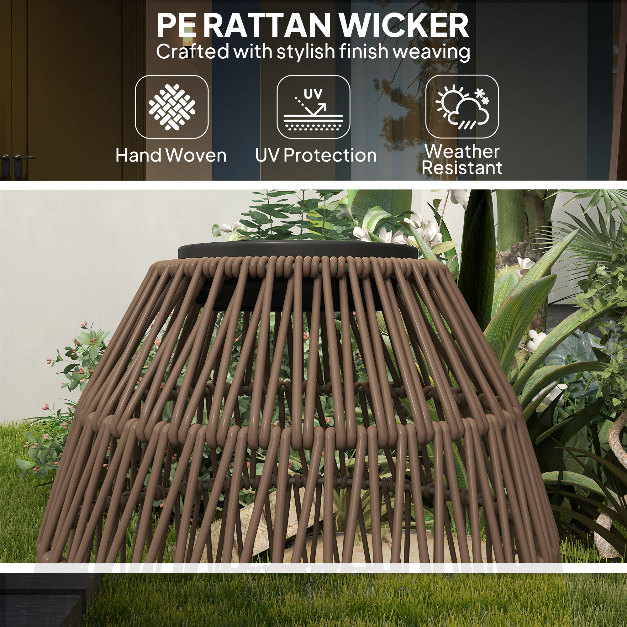 Solar rattan garden lantern glowing warmly on a patio at dusk